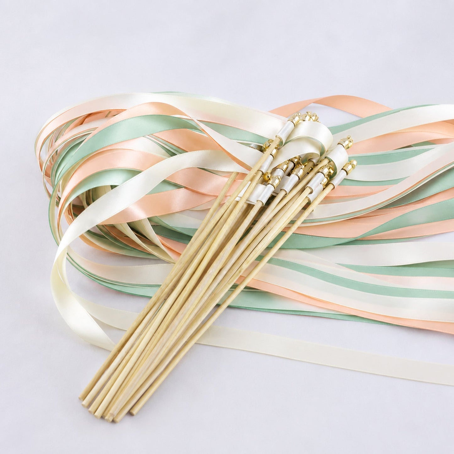 Handmade Ivory, Mint and Peach Wedding Exit Ribbon Wands with Bell - Mint Peach Garden