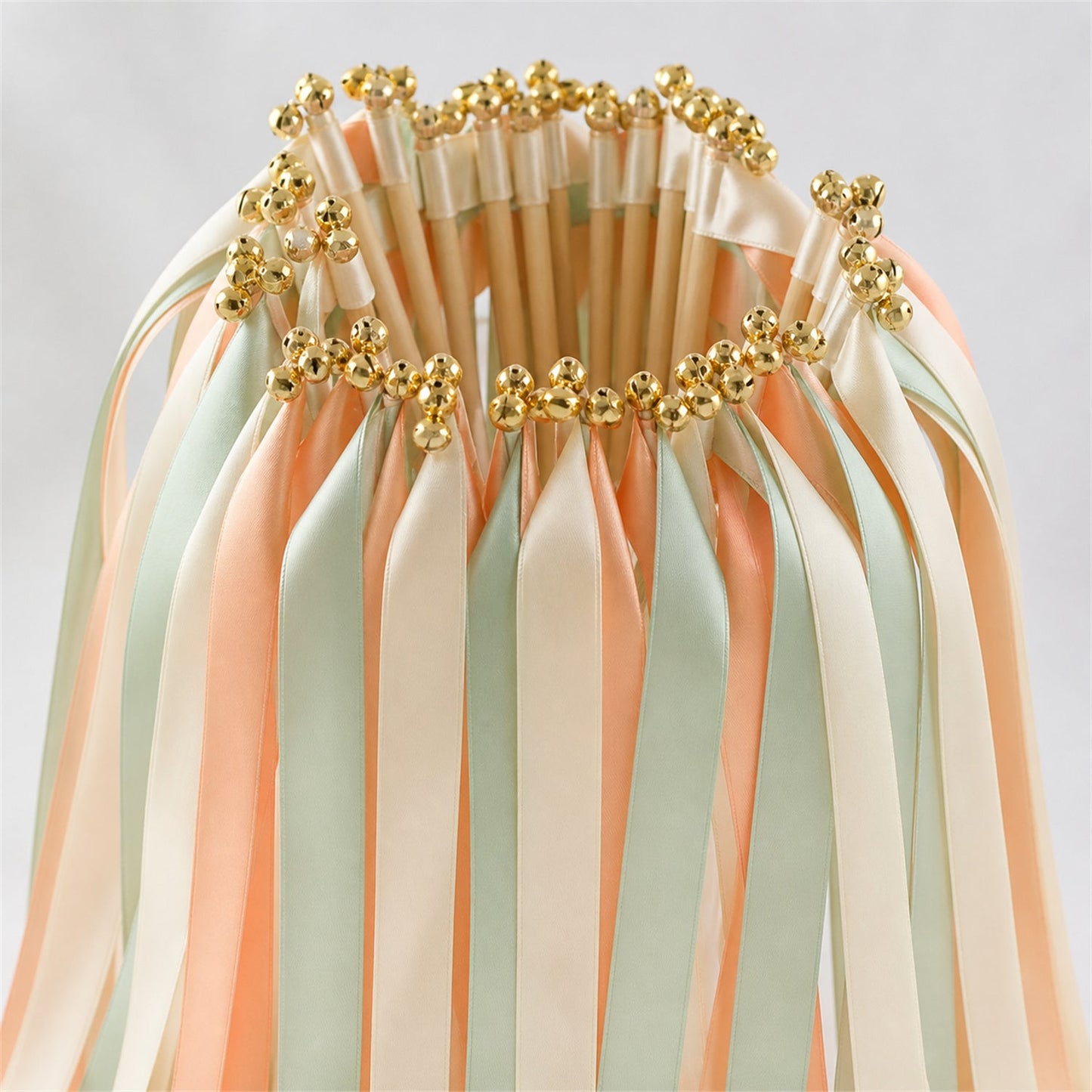 Handmade Ivory, Mint and Peach Wedding Exit Ribbon Wands with Bell - Mint Peach Garden