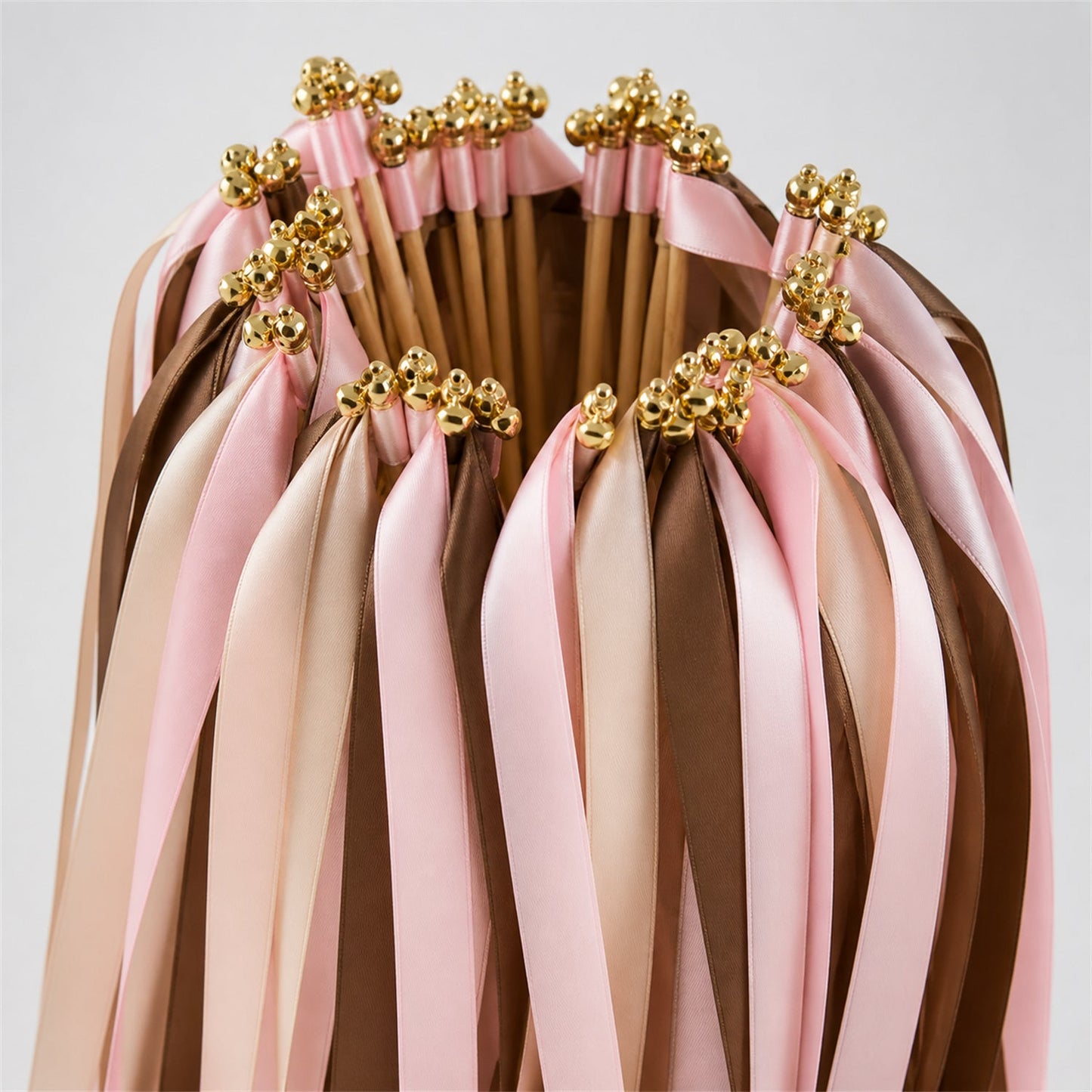 Handmade Nude, Cocoa and Light Pink Wedding Ribbon Wands with Bell - Cocoa Blush