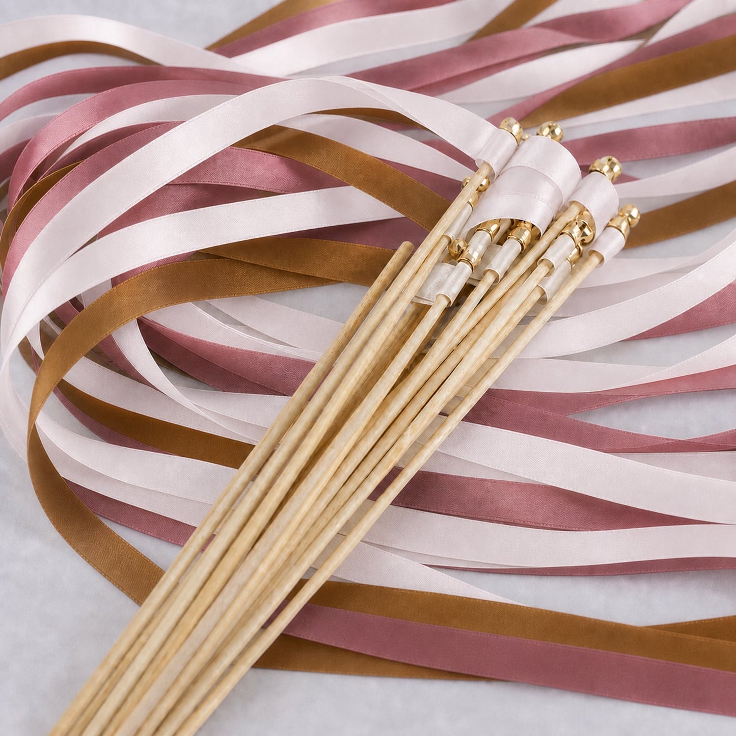 Handmade Toffee Mauve Wedding Ribbon Wands with Bell - Vanilla, Toffee and Rosy Mauve