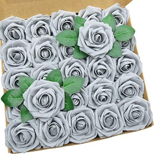 25pcs Artificial Flowers Real Looking Foam Fake Roses with Stems for DIY Wedding Bouquets Bridal Shower Floral Centerpieces - Hibrides