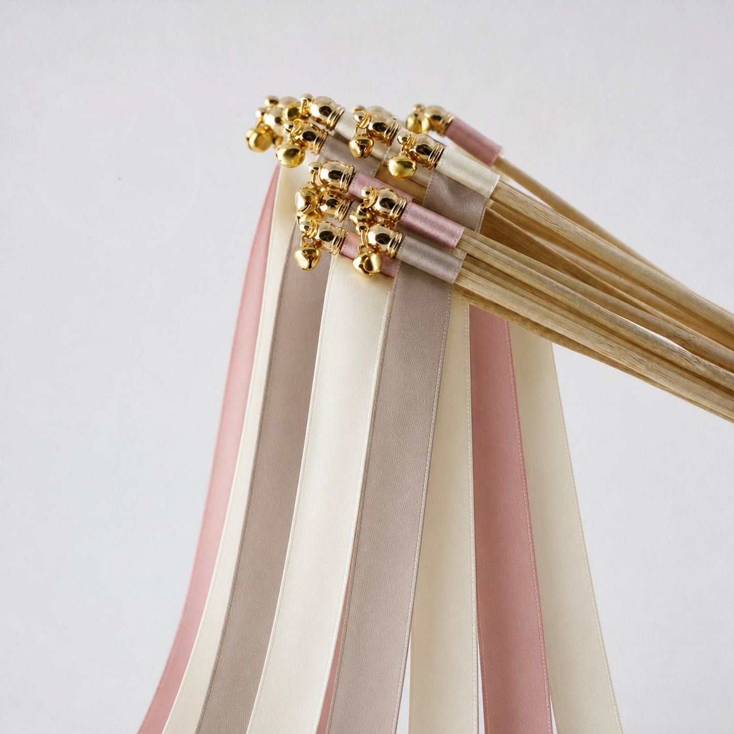 Handmade Mauve Taupe Minimalist Wedding Ribbon Wands - Ivory, Taupe and Rosy Mauve Triple Ribbon with Bell