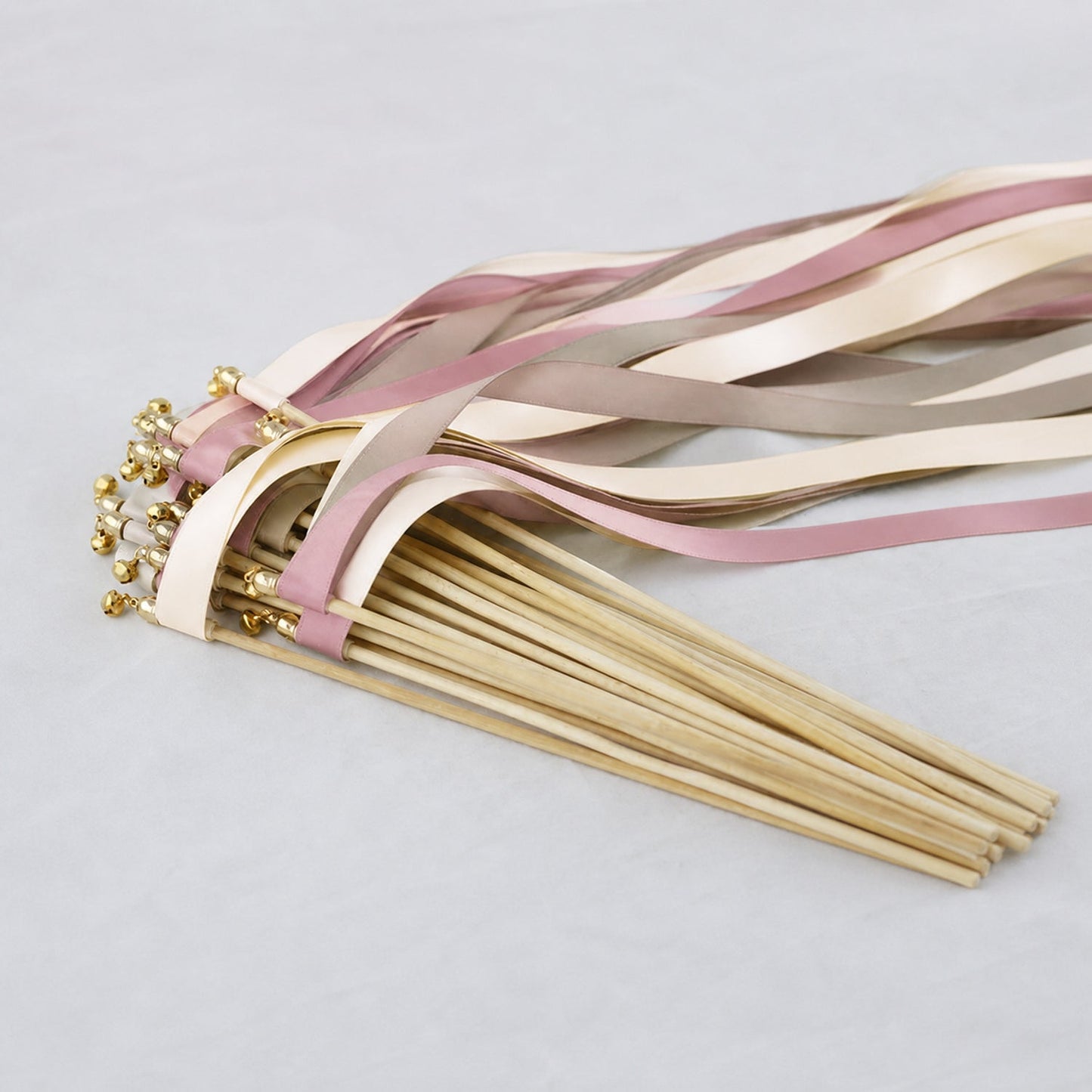 Handmade Mauve Taupe Minimalist Wedding Ribbon Wands - Ivory, Taupe and Rosy Mauve Triple Ribbon with Bell