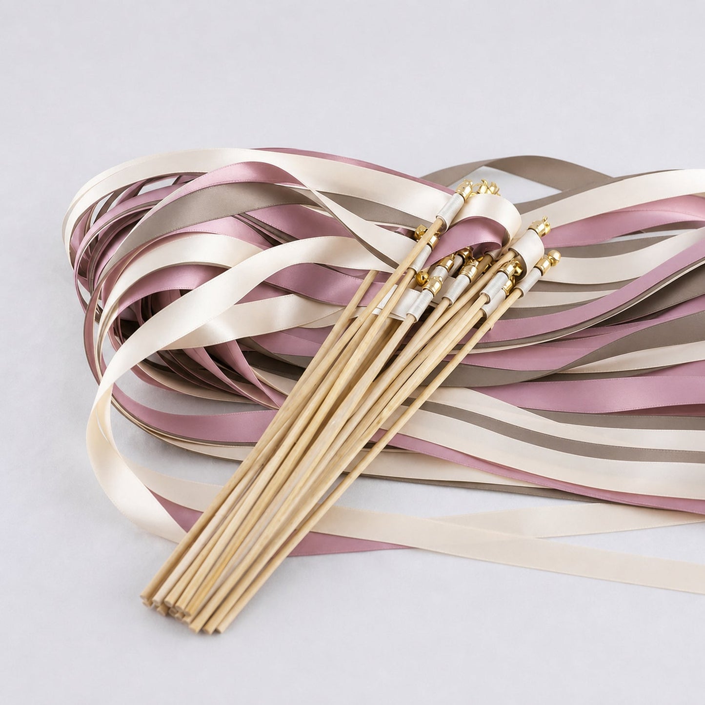 Handmade Mauve Taupe Minimalist Wedding Ribbon Wands - Ivory, Taupe and Rosy Mauve Triple Ribbon with Bell