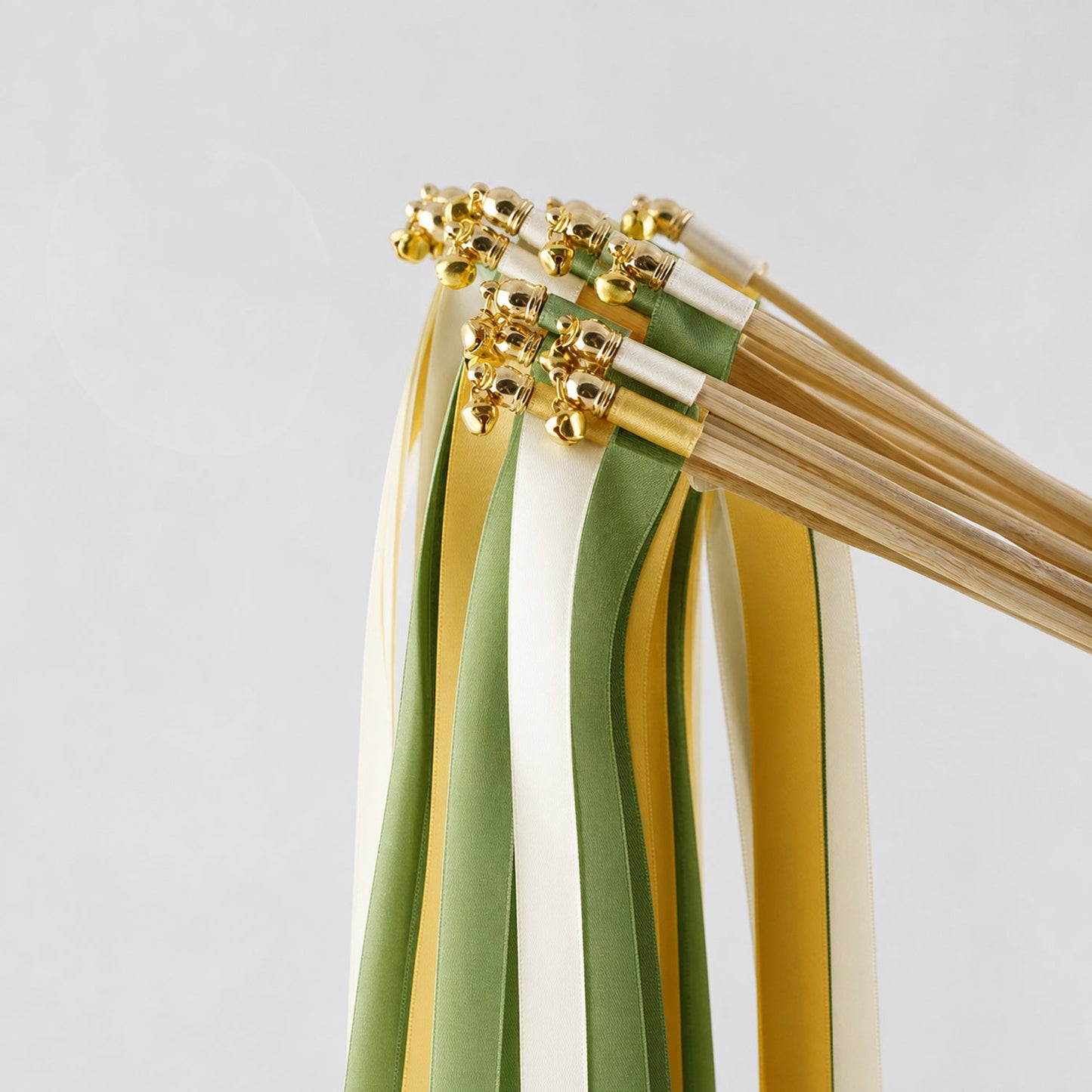 Handmade Sunflower Meadow Wedding Ribbon Wands with Bell - Off White, Green and Golden Yellow
