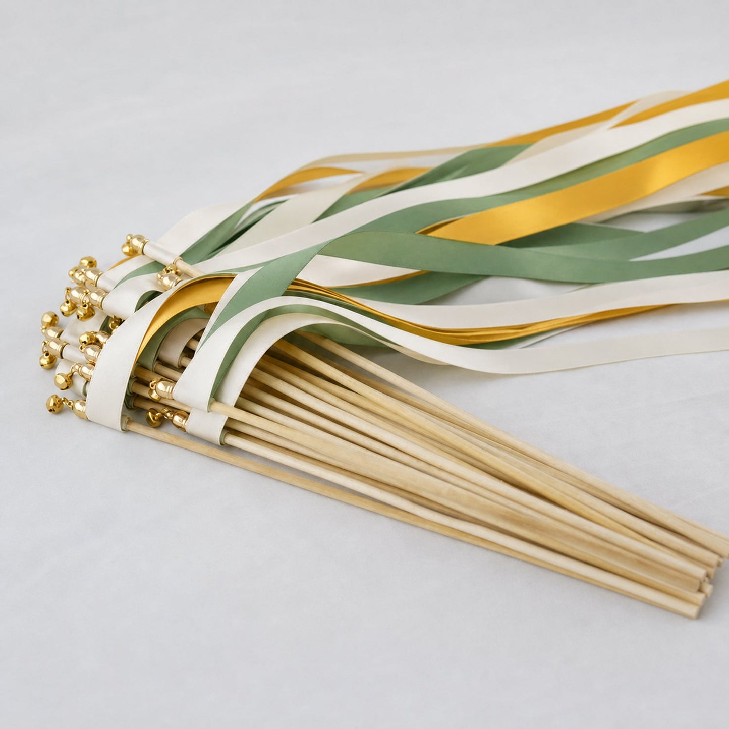 Handmade Sunflower Meadow Wedding Ribbon Wands with Bell - Off White, Green and Golden Yellow