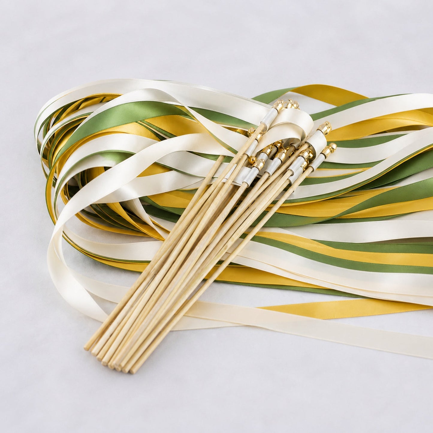 Handmade Sunflower Meadow Wedding Ribbon Wands with Bell - Off White, Green and Golden Yellow