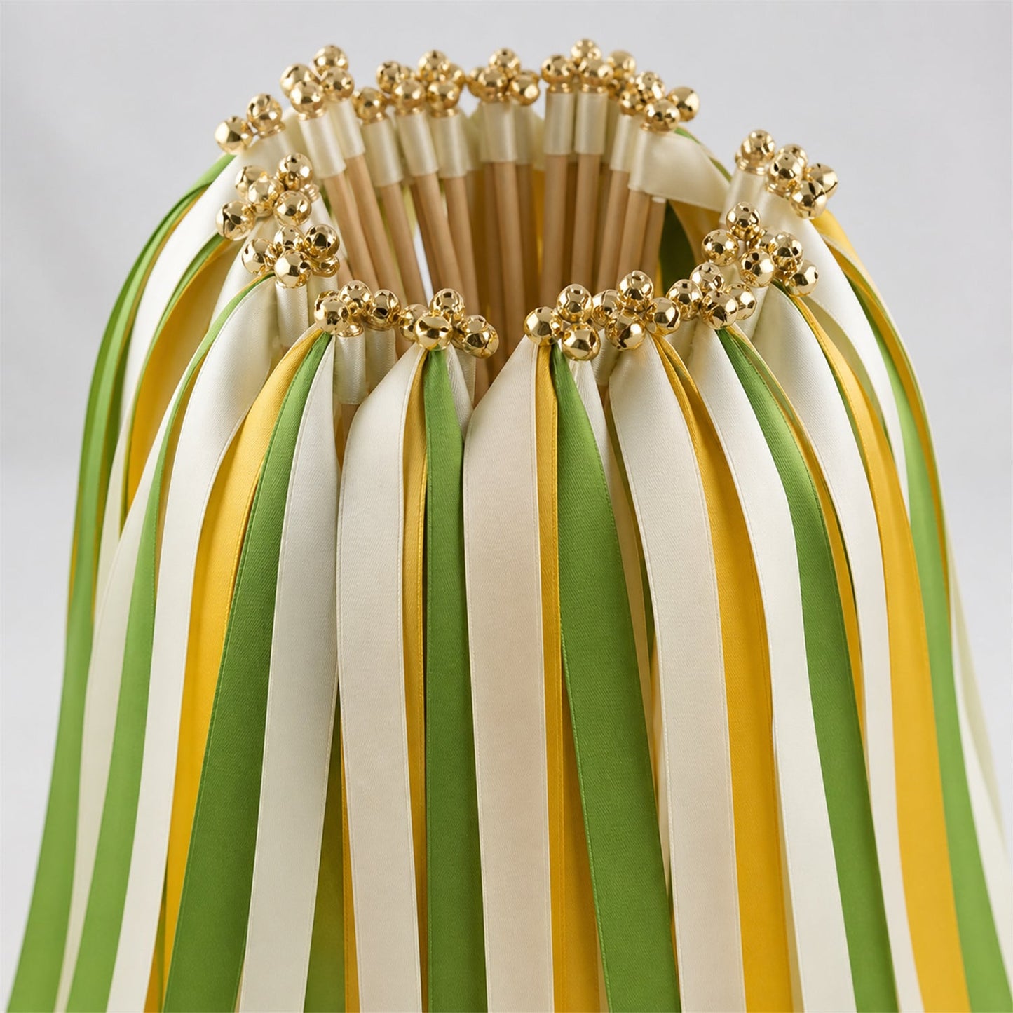 Handmade Sunflower Meadow Wedding Ribbon Wands with Bell - Off White, Green and Golden Yellow