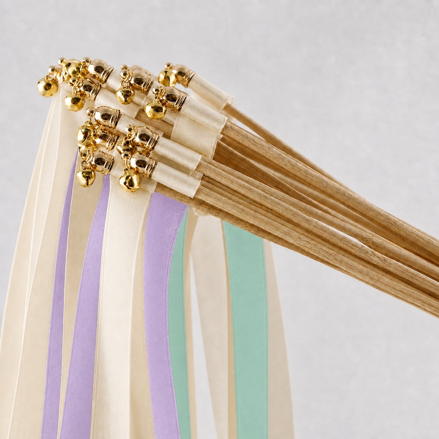 Handmade Orchid Mint Wedding Ribbon Wands - Off White Satin Ribbons with Gold Bell
