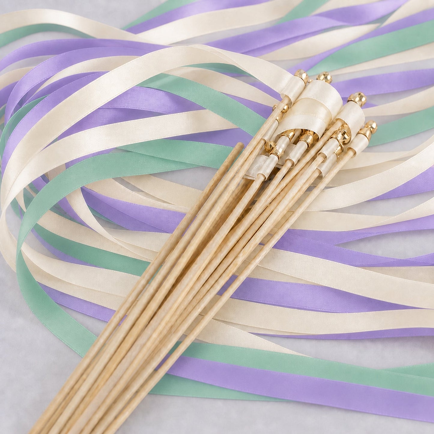 Handmade Orchid Mint Wedding Ribbon Wands - Off White Satin Ribbons with Gold Bell