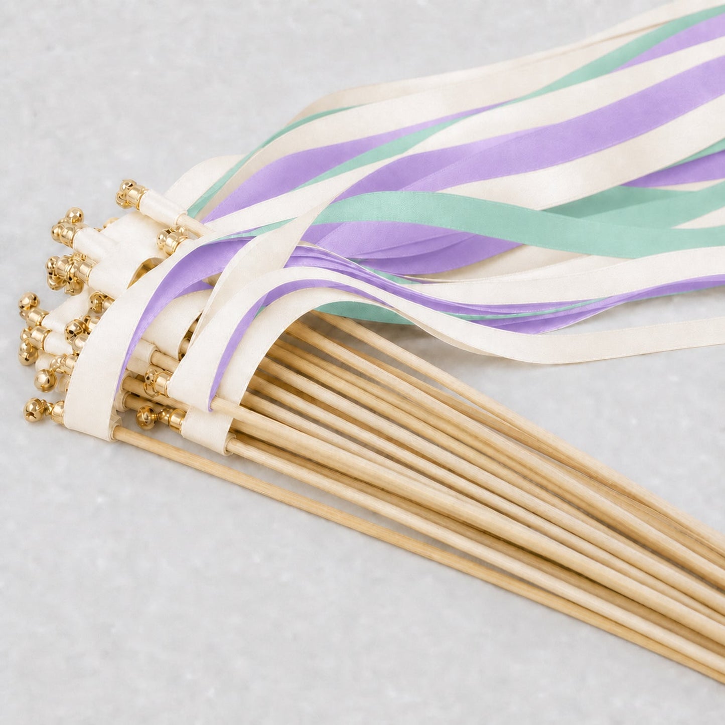 Handmade Orchid Mint Wedding Ribbon Wands - Off White Satin Ribbons with Gold Bell