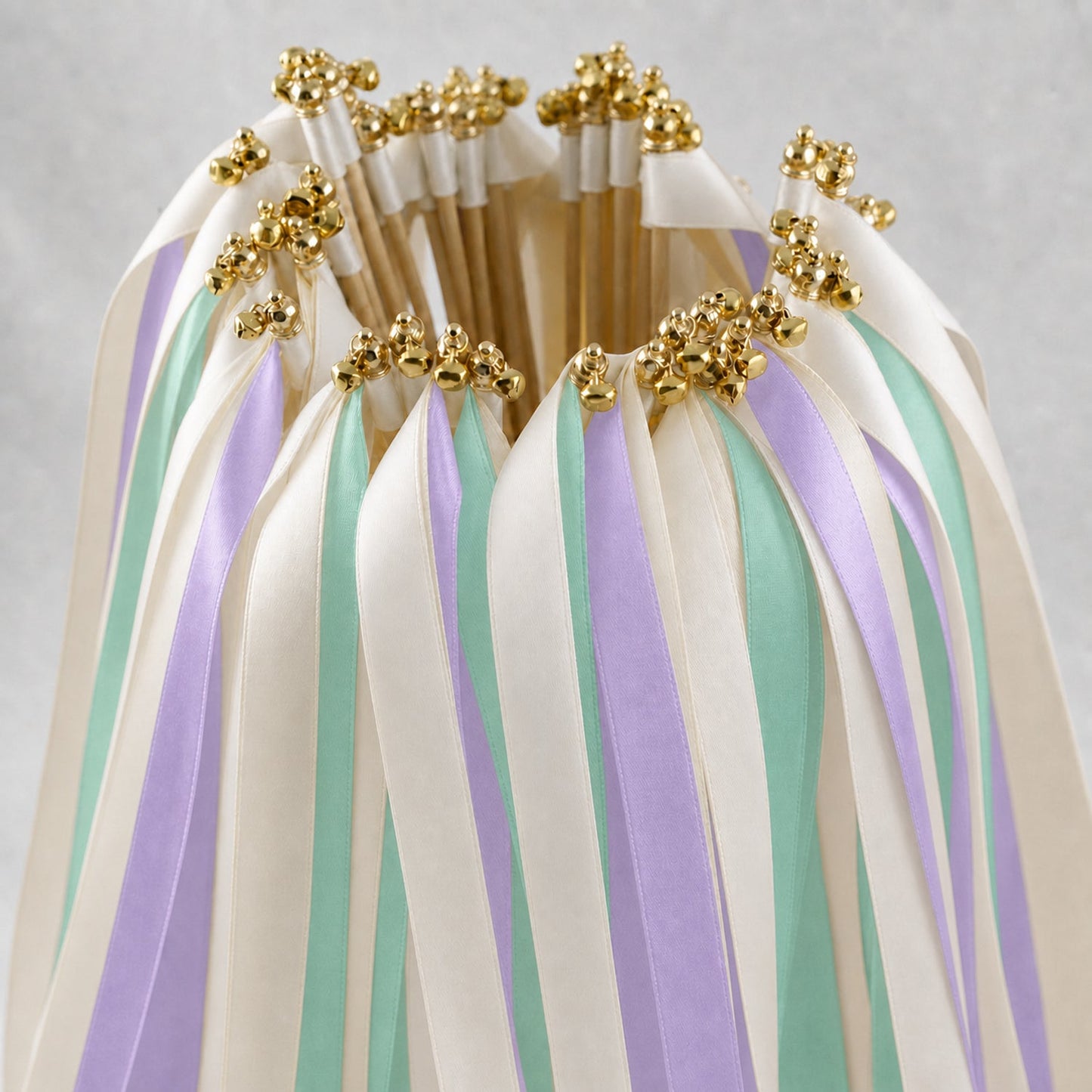 Handmade Orchid Mint Wedding Ribbon Wands - Off White Satin Ribbons with Gold Bell