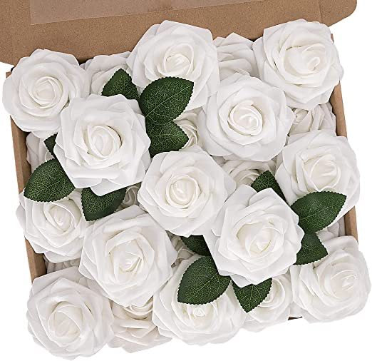 25pcs Artificial Flowers Real Looking Foam Fake Roses with Stems for DIY Wedding Bouquets Bridal Shower Floral Centerpieces - Hibrides
