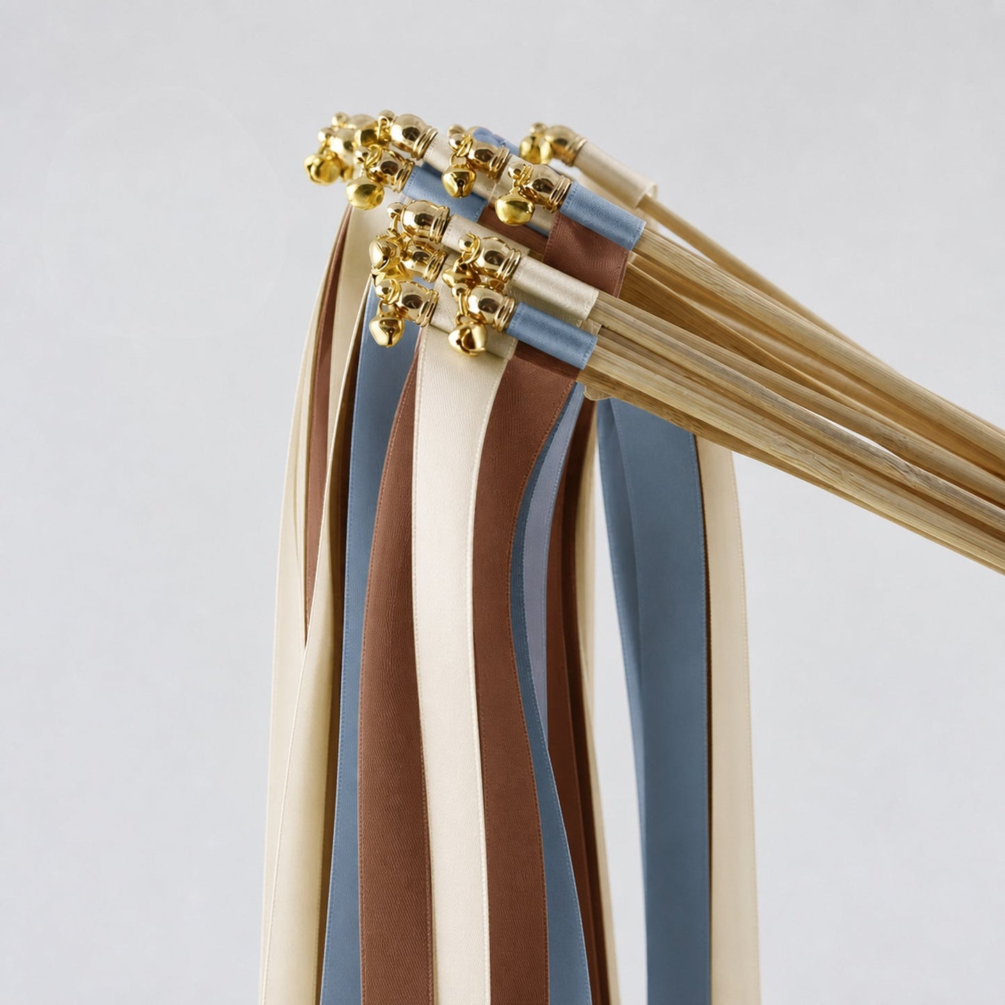 Handmade Cream, Cocoa and Dusty Blue Wedding Exit Ribbon Wands with Bell