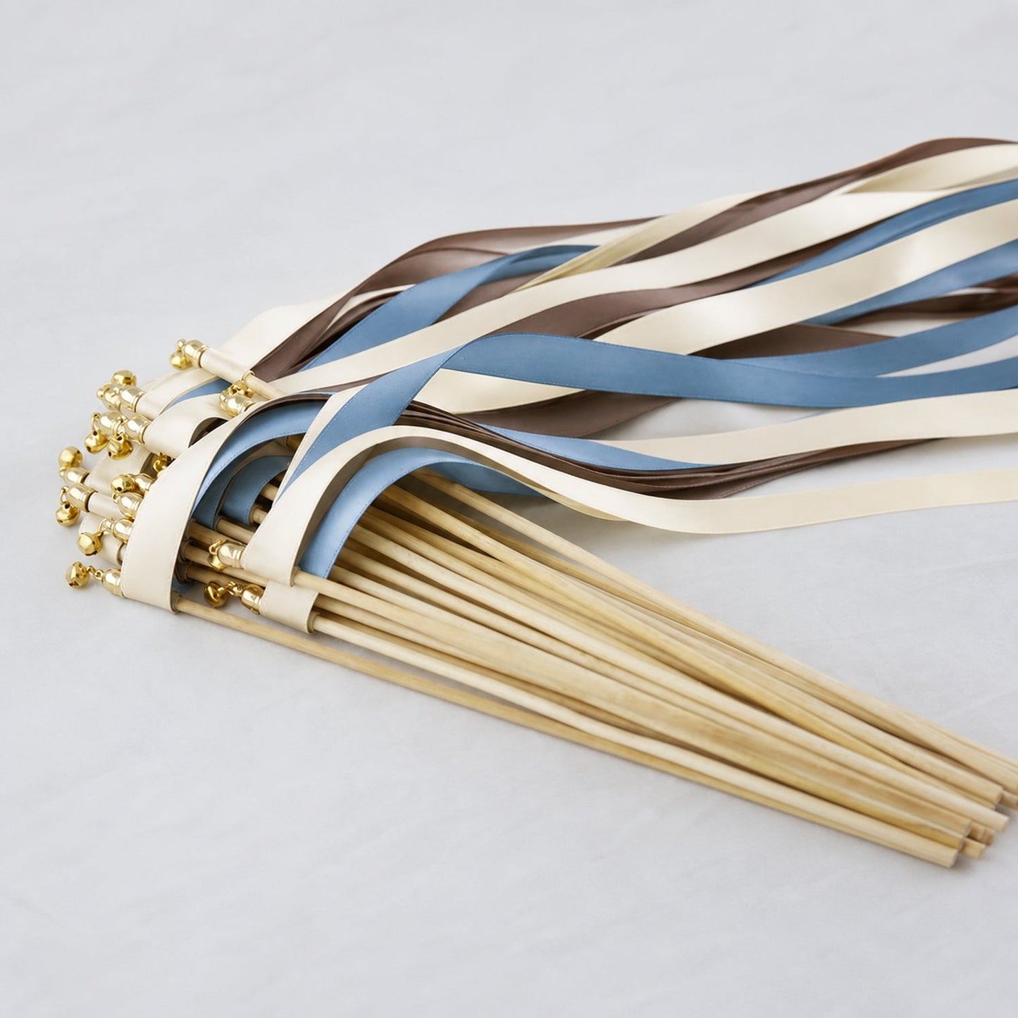 Handmade Cream, Cocoa and Dusty Blue Wedding Exit Ribbon Wands with Bell