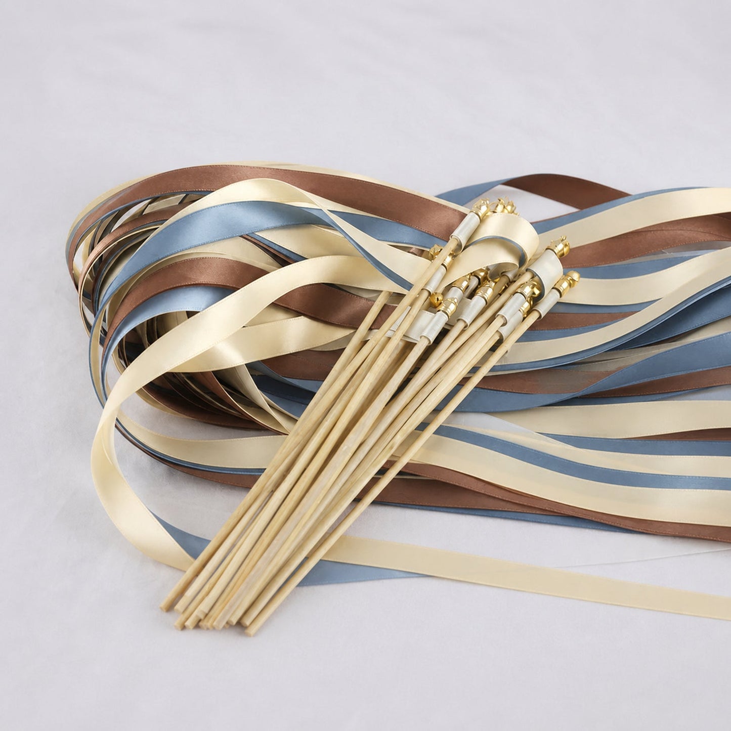 Handmade Cream, Cocoa and Dusty Blue Wedding Exit Ribbon Wands with Bell