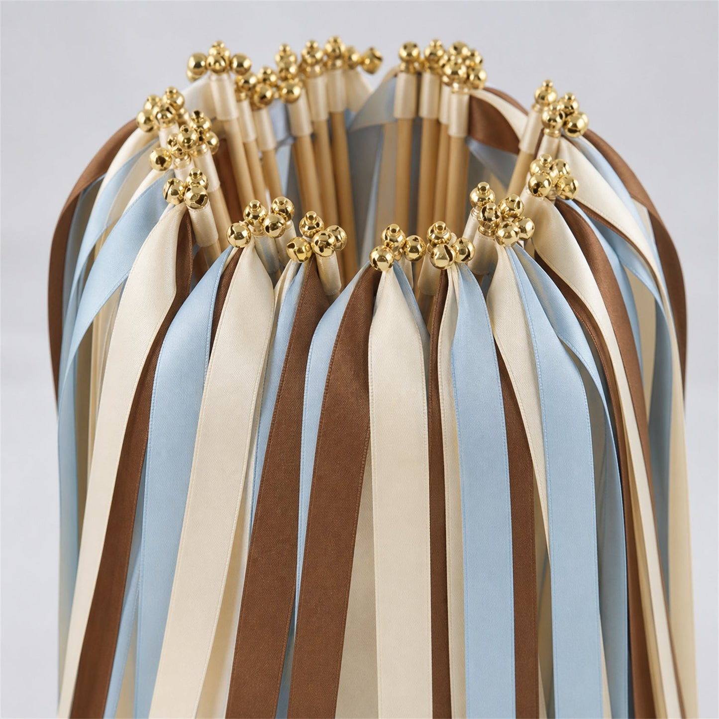 Handmade Cream, Cocoa and Dusty Blue Wedding Exit Ribbon Wands with Bell