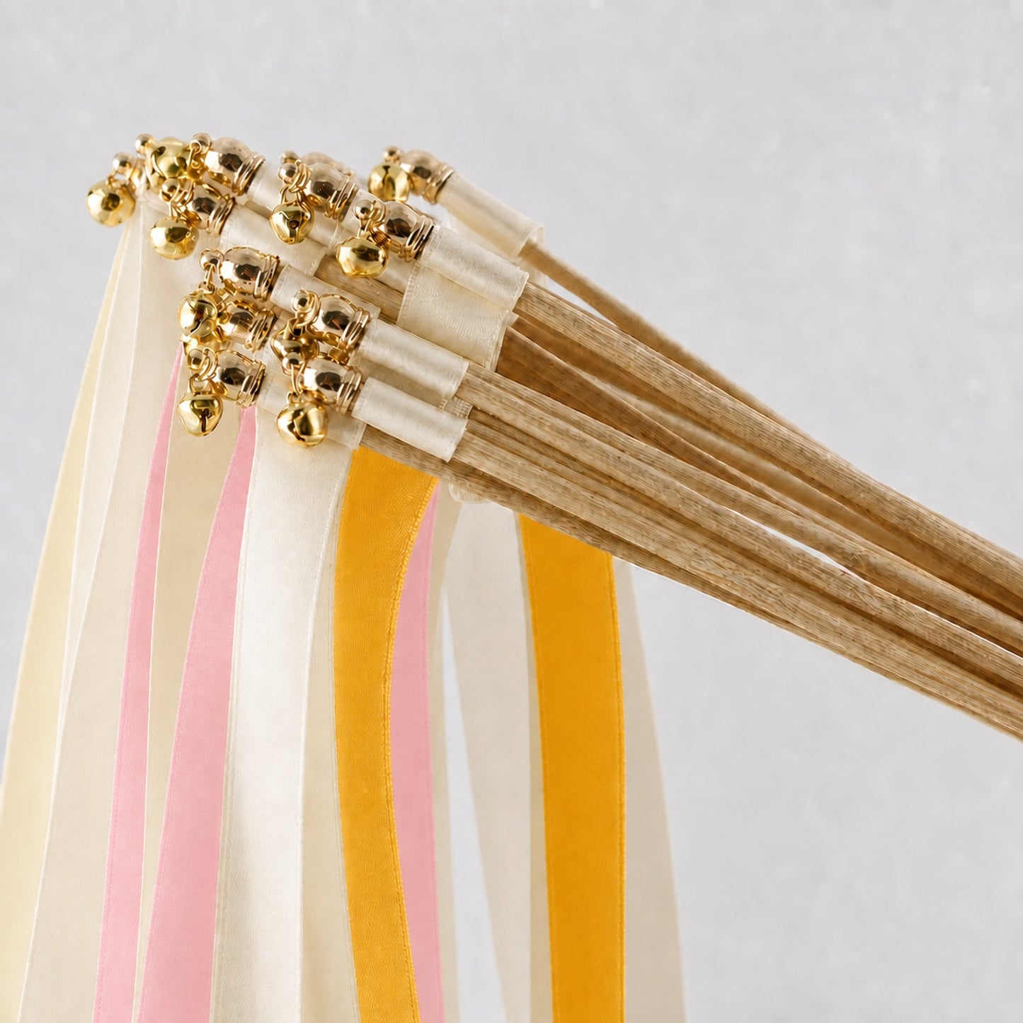 Handmade Sunlit Garden Wedding Ribbon Wands with Bell - Ivory, Coral Pink and Golden Yellow