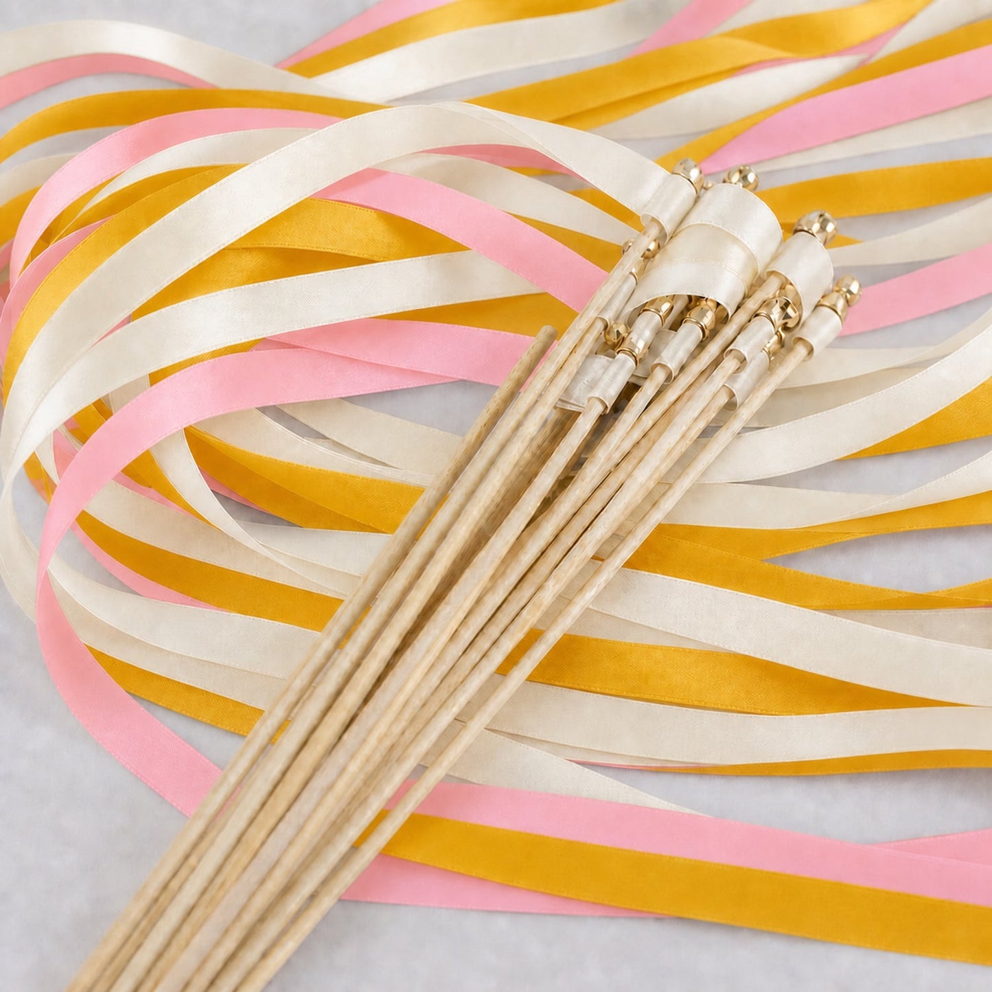 Handmade Sunlit Garden Wedding Ribbon Wands with Bell - Ivory, Coral Pink and Golden Yellow