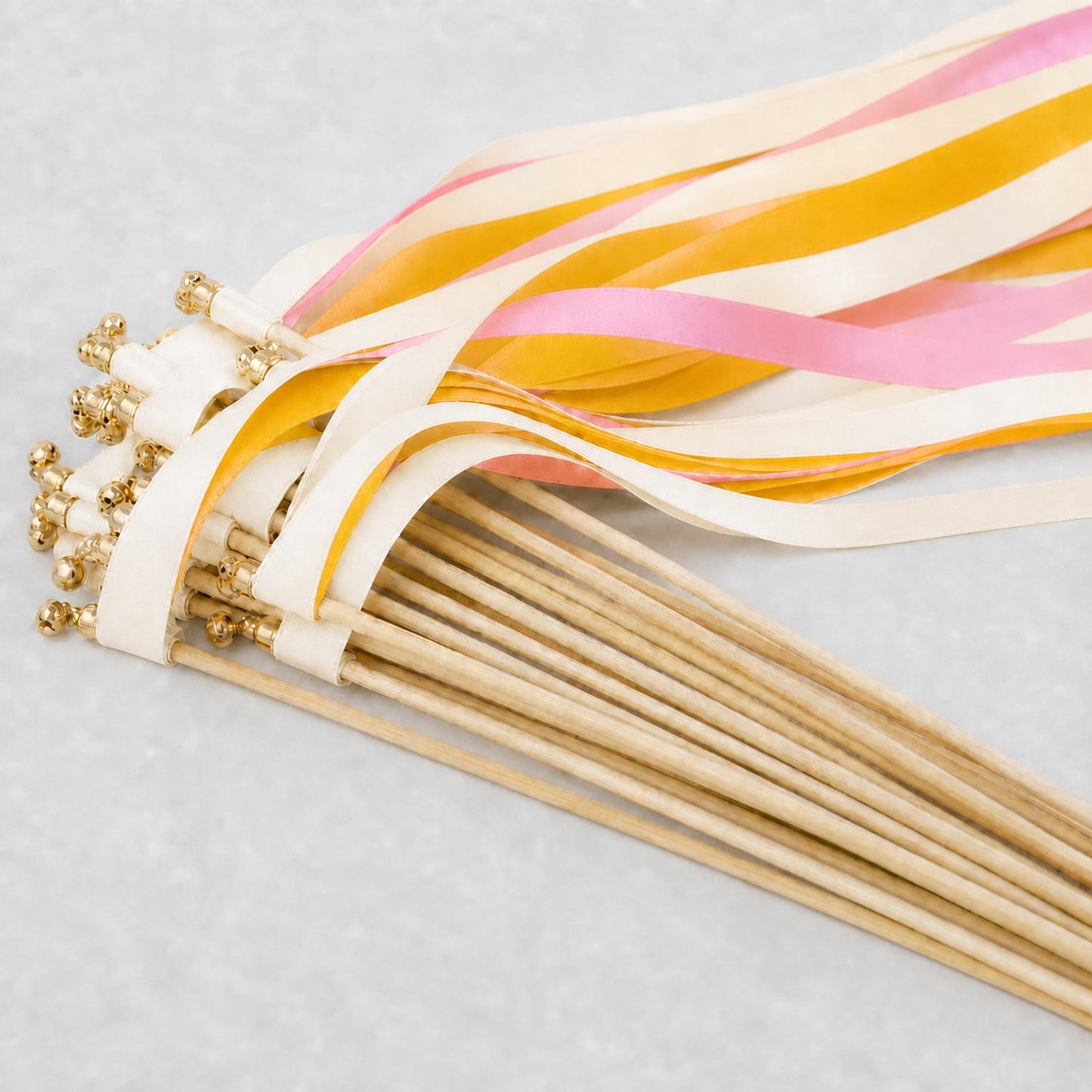 Handmade Sunlit Garden Wedding Ribbon Wands with Bell - Ivory, Coral Pink and Golden Yellow