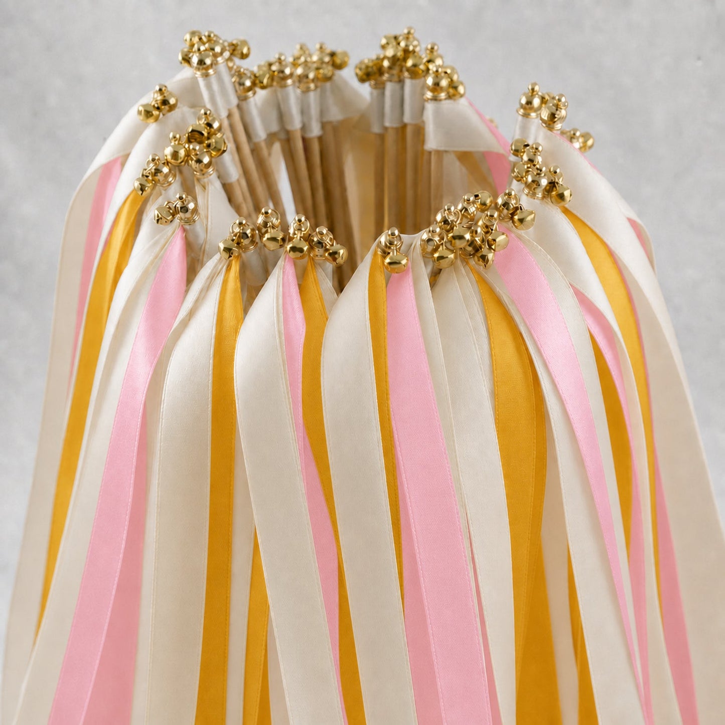 Handmade Sunlit Garden Wedding Ribbon Wands with Bell - Ivory, Coral Pink and Golden Yellow