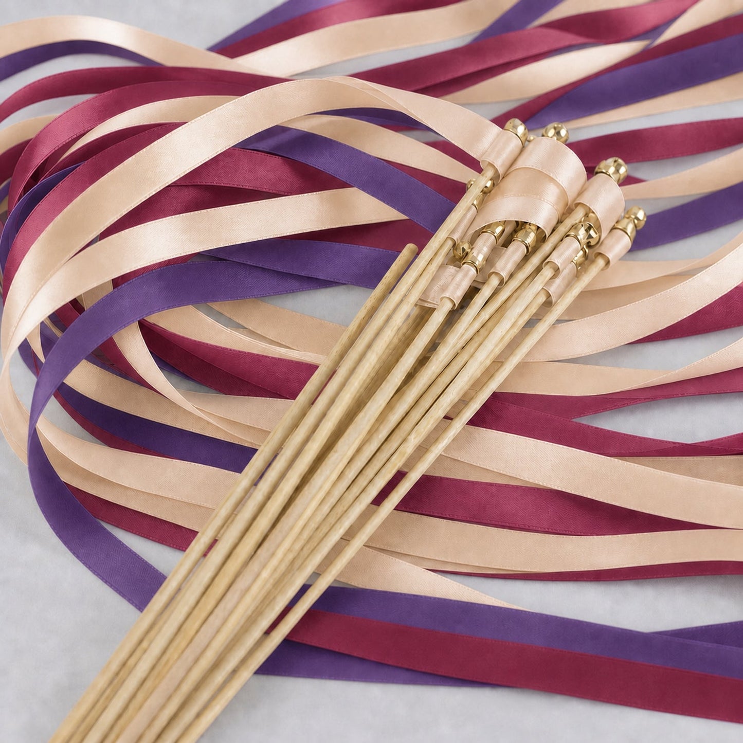 Handmade Amethyst Rose Wedding Ribbon Wands with Bell - Nude, Amethyst and Rosewood