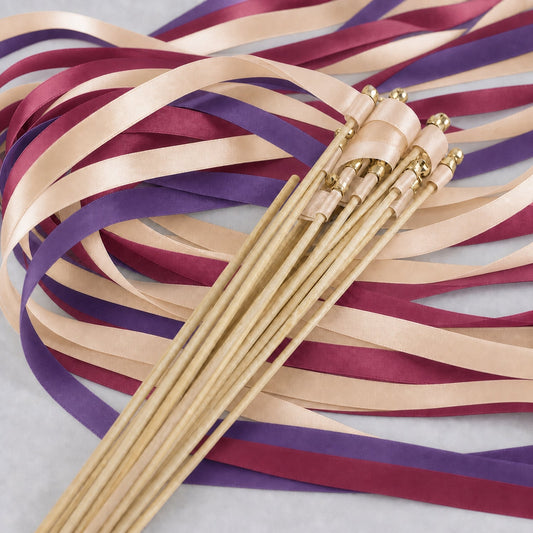 Handmade Amethyst Rose Wedding Ribbon Wands with Bell - Nude, Amethyst and Rosewood
