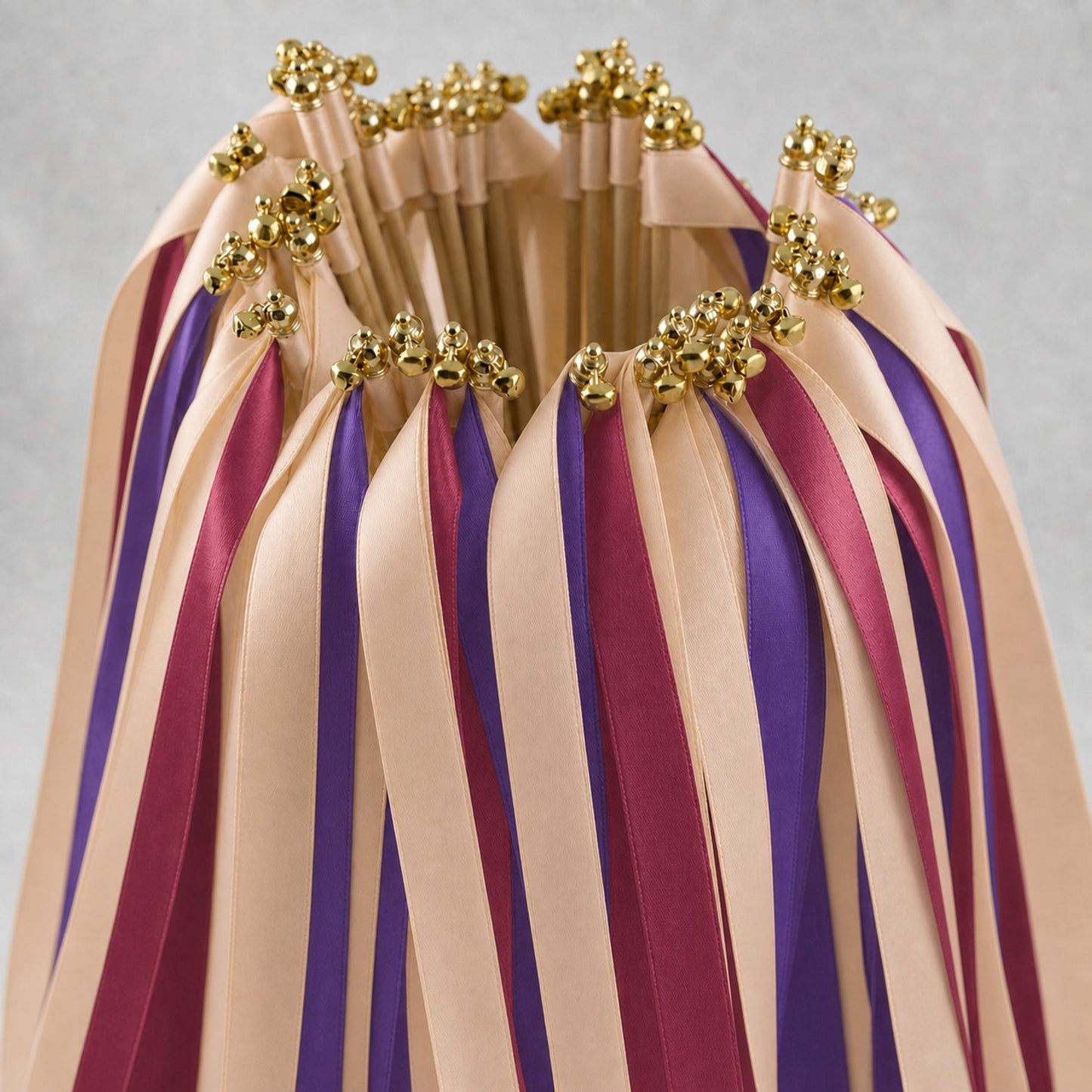 Handmade Amethyst Rose Wedding Ribbon Wands with Bell - Nude, Amethyst and Rosewood