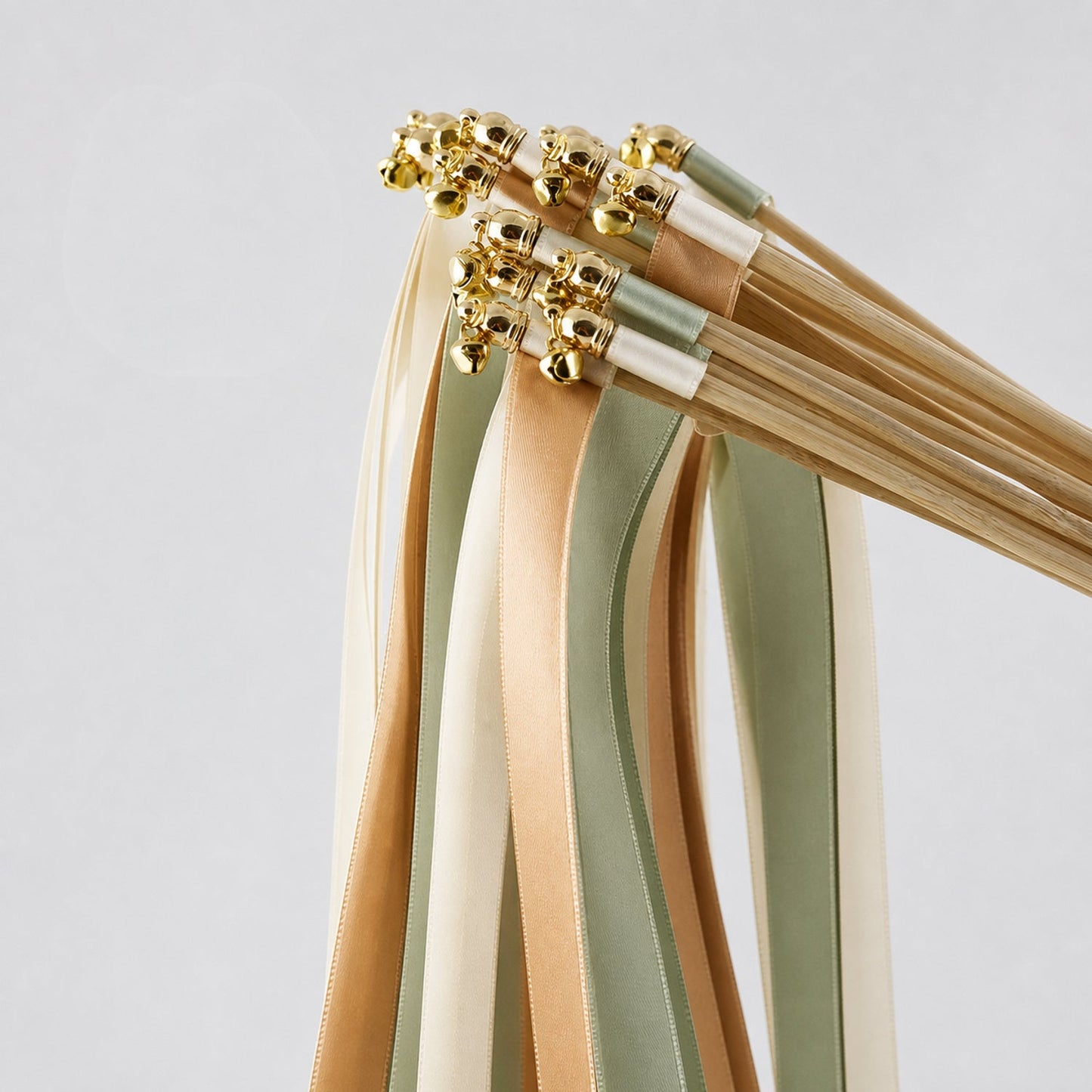 Handmade Seamist Latte Wedding Ribbon Wands with Bell - Off White, Toffee and Seamist
