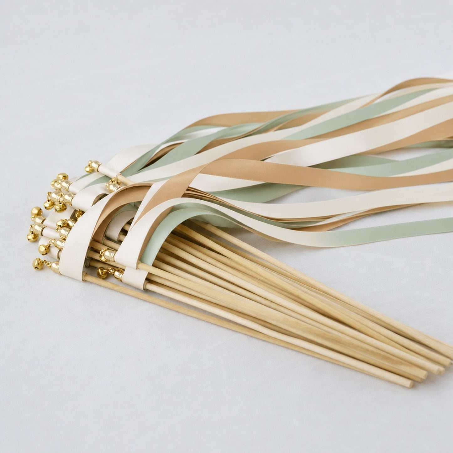 Handmade Seamist Latte Wedding Ribbon Wands with Bell - Off White, Toffee and Seamist