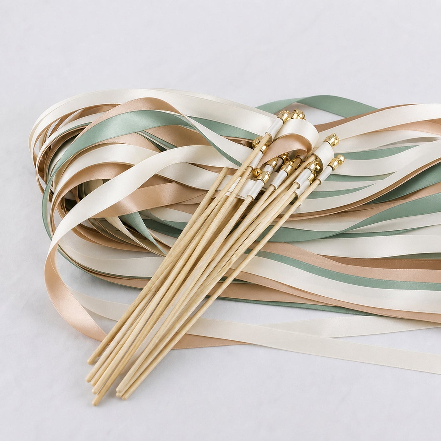 Handmade Seamist Latte Wedding Ribbon Wands with Bell - Off White, Toffee and Seamist