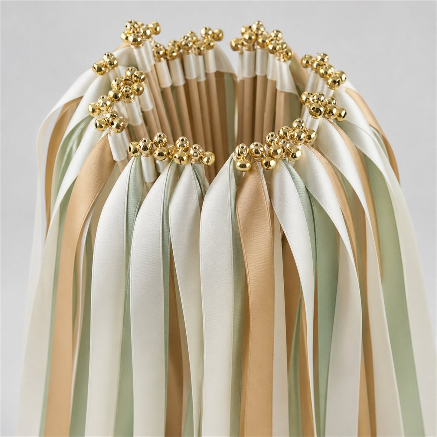 Handmade Seamist Latte Wedding Ribbon Wands with Bell - Off White, Toffee and Seamist
