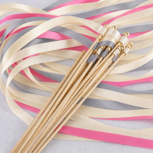 Handmade Fashion-Forward Wedding Ribbon Wands - Cream, Gray and Hot Pink with Bell