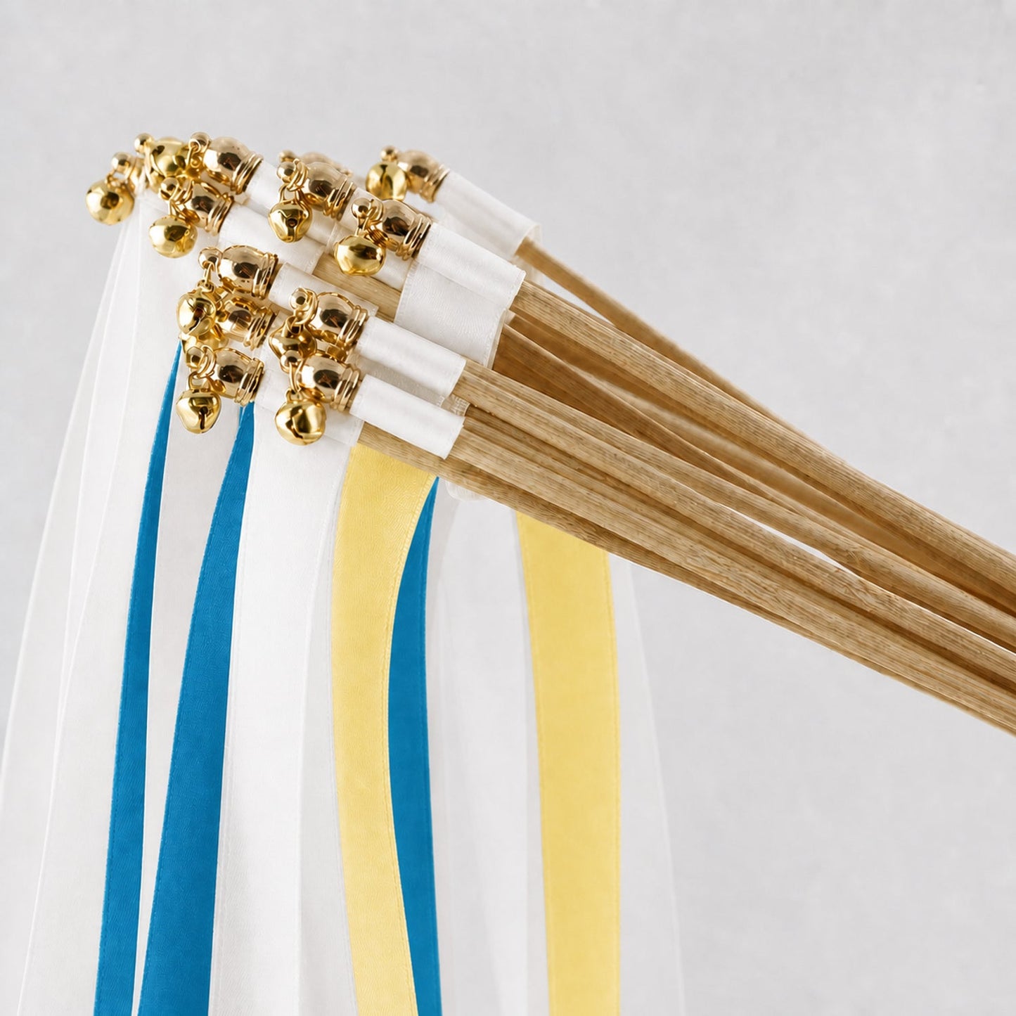 Handmade Coastal Wedding Ribbon Wands - White, Ocean Blue and Baby Maize with Bell