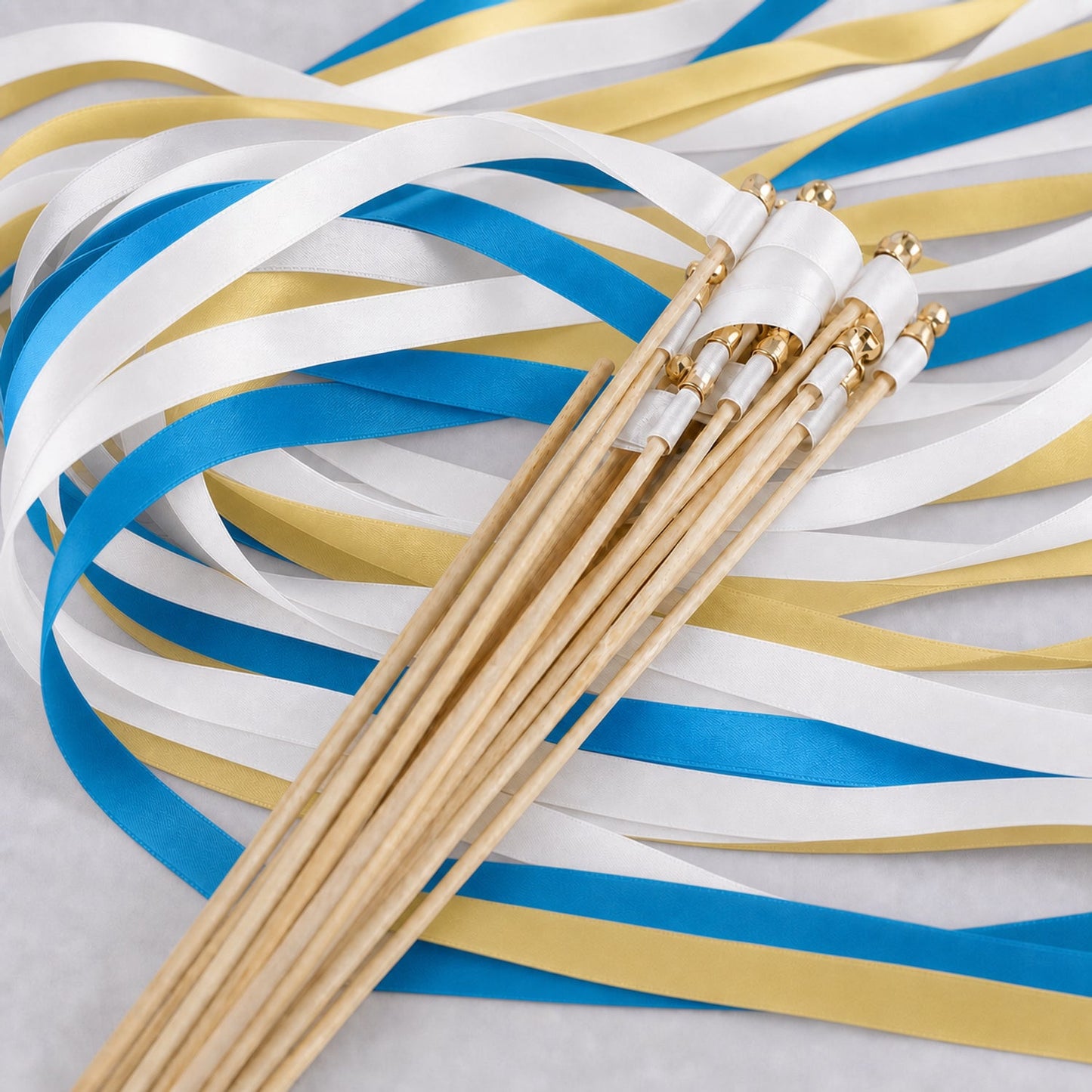 Handmade Coastal Wedding Ribbon Wands - White, Ocean Blue and Baby Maize with Bell