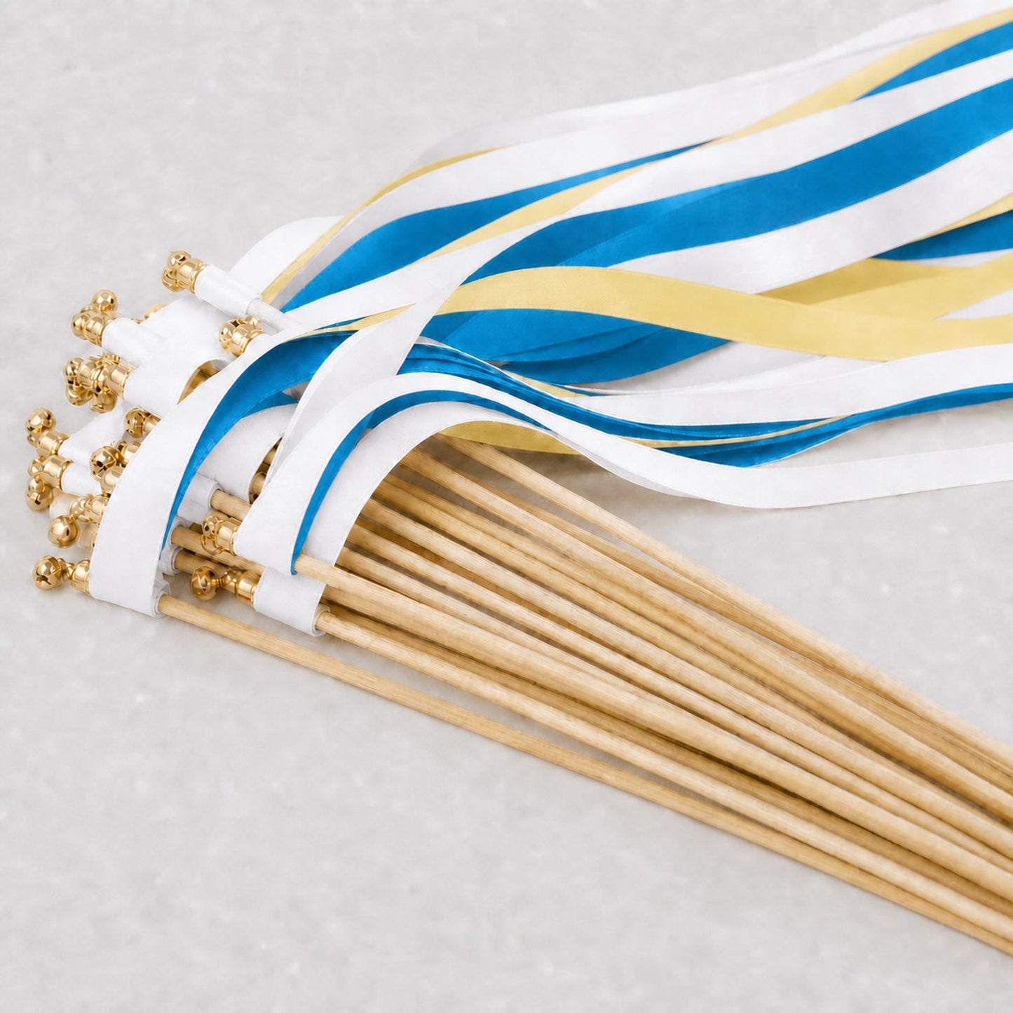 Handmade Coastal Wedding Ribbon Wands - White, Ocean Blue and Baby Maize with Bell