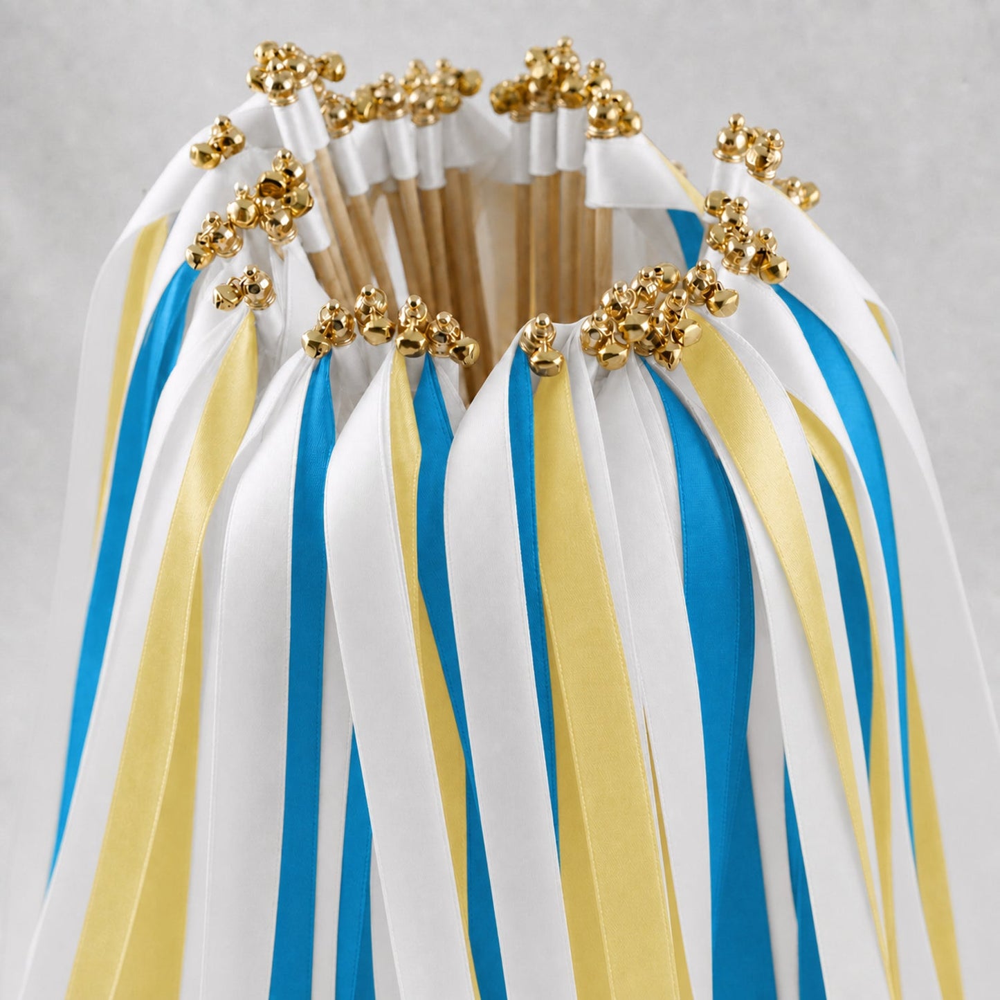 Handmade Coastal Wedding Ribbon Wands - White, Ocean Blue and Baby Maize with Bell