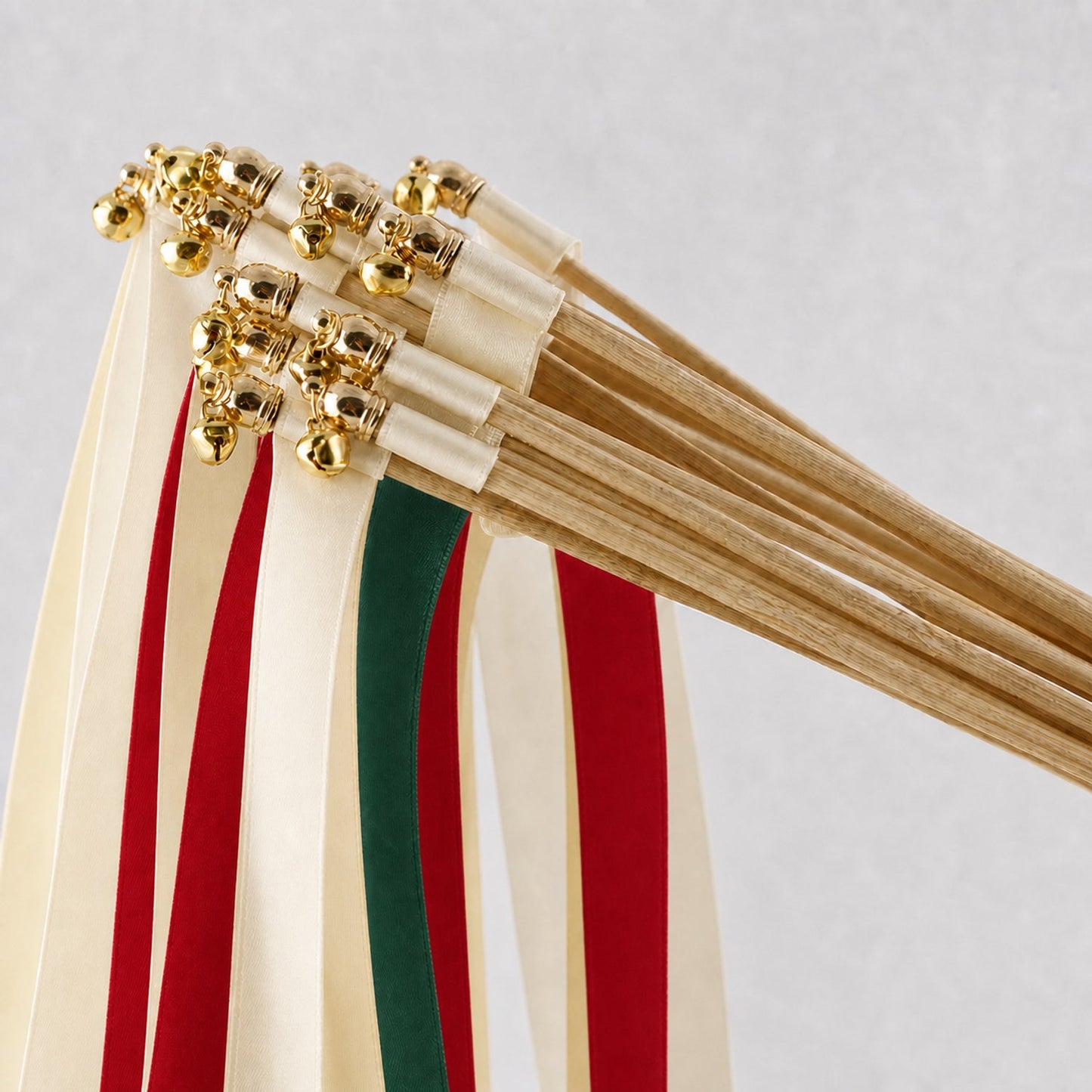Handmade Winter Wedding Ribbon Wands with Bell - Cream, Red and Hunter Green Satin Ribbons
