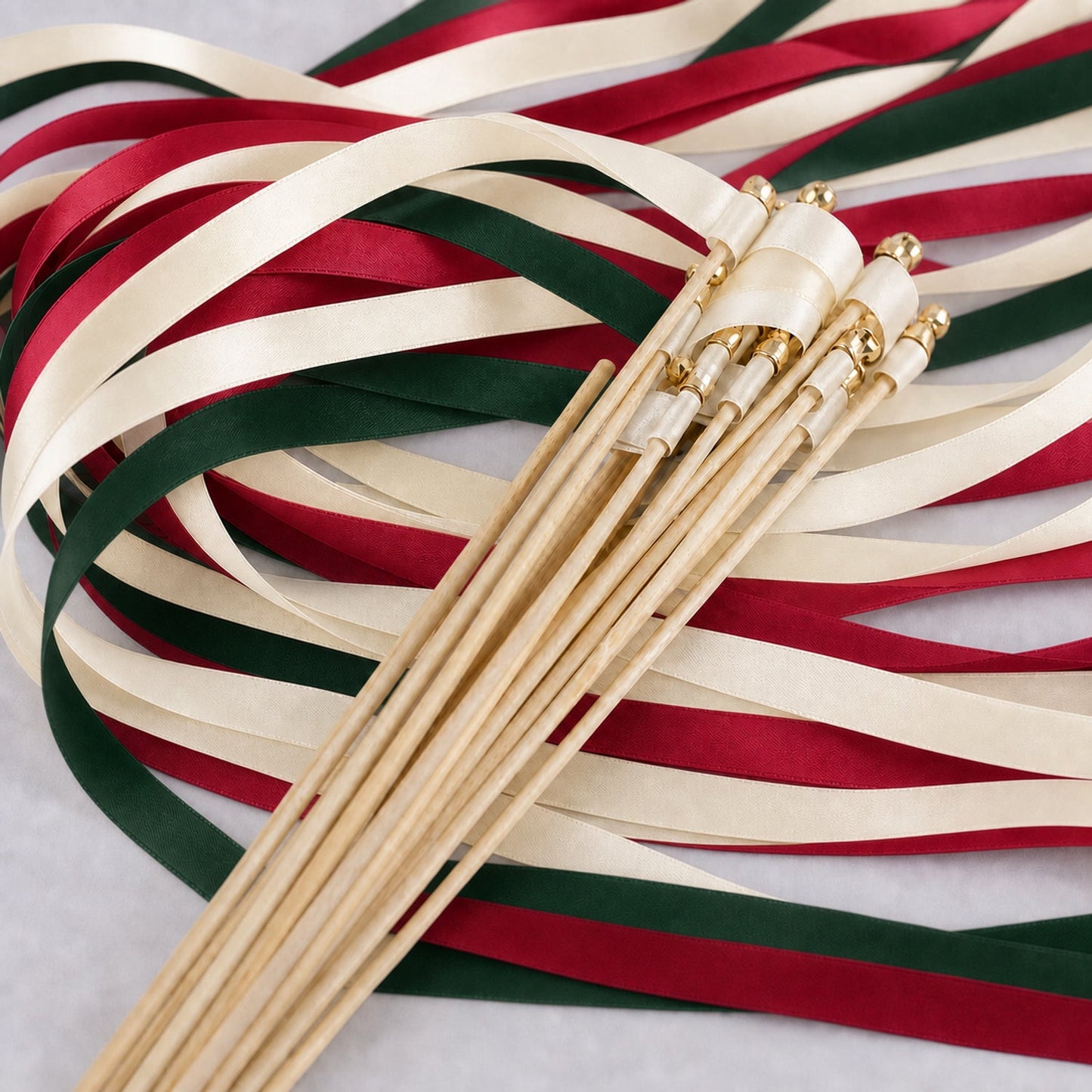 Handmade Winter Wedding Ribbon Wands with Bell - Cream, Red and Hunter Green Satin Ribbons