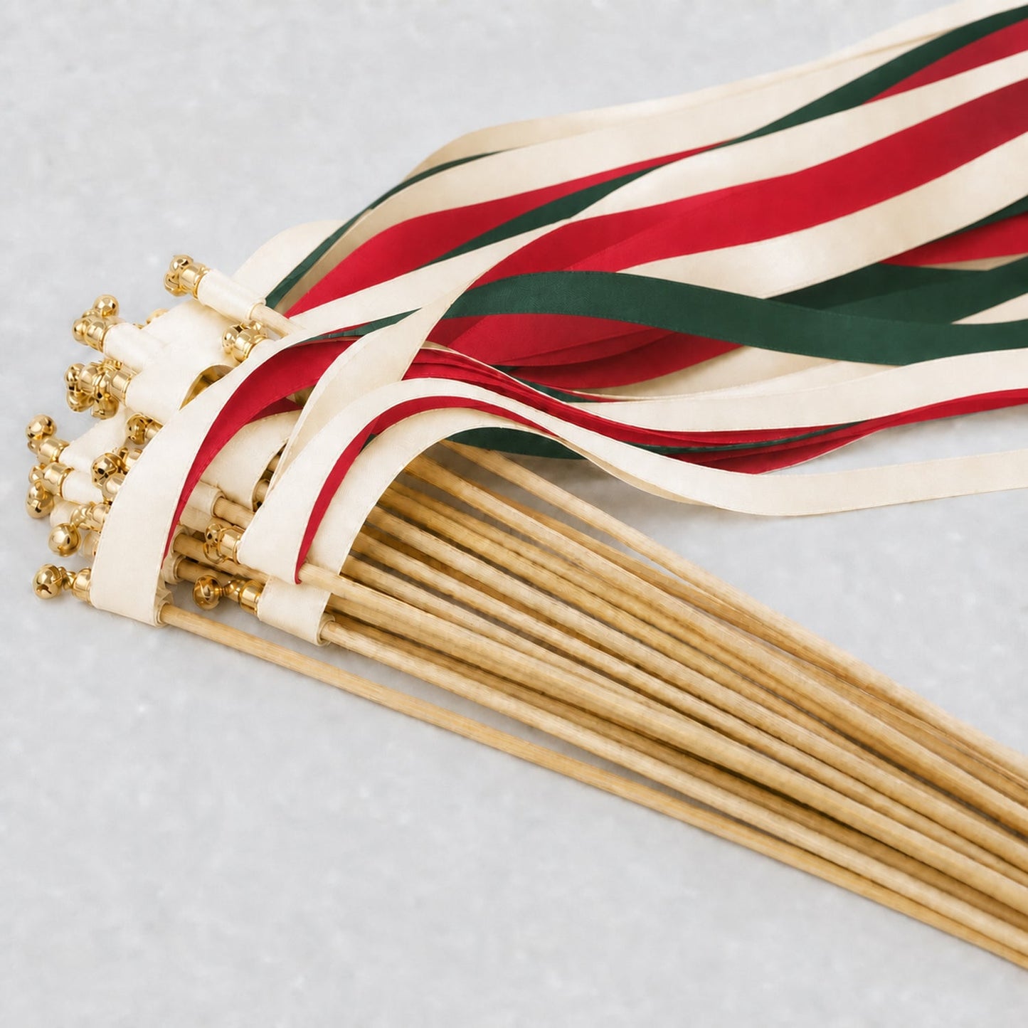 Handmade Winter Wedding Ribbon Wands with Bell - Cream, Red and Hunter Green Satin Ribbons