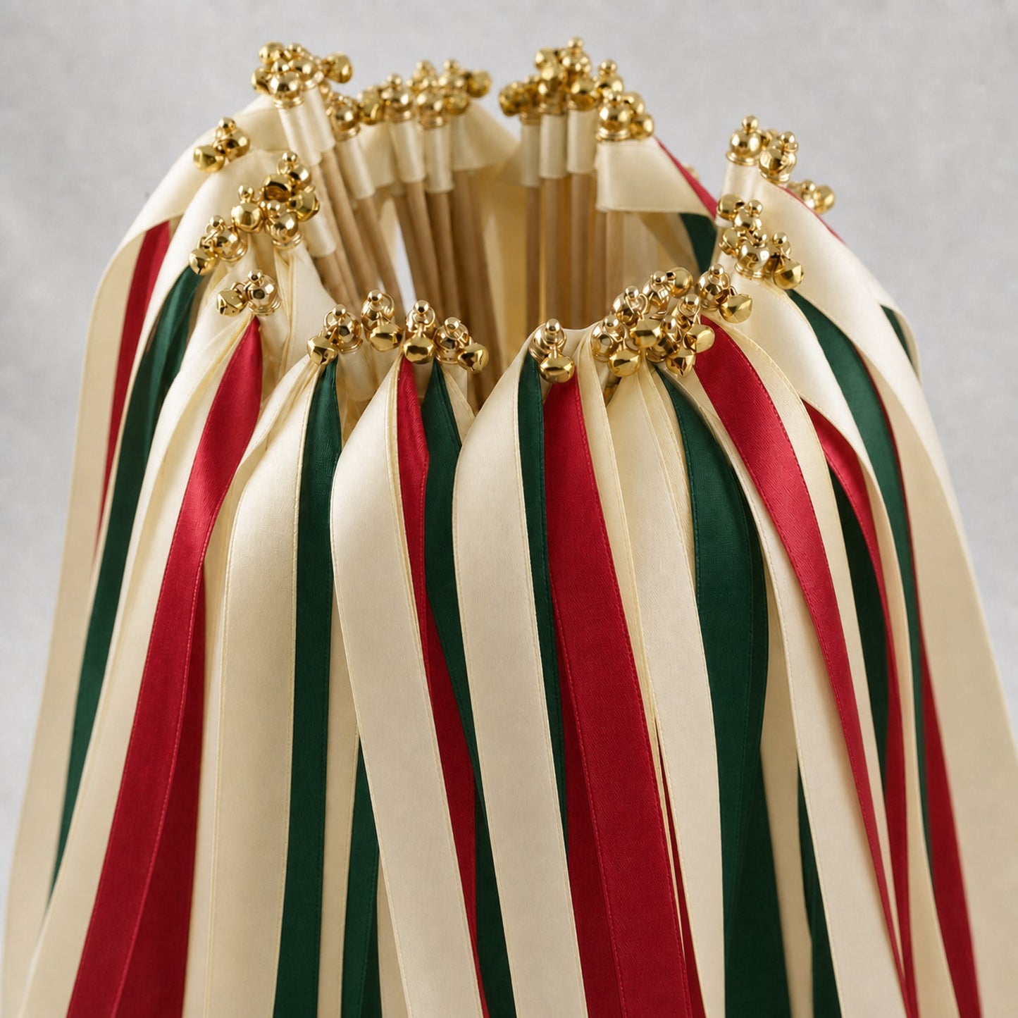 Handmade Winter Wedding Ribbon Wands with Bell - Cream, Red and Hunter Green Satin Ribbons