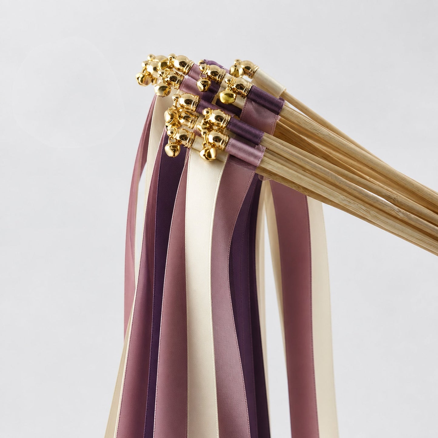 Handmade Plum Heirloom Wedding Ribbon Wands - Ivory, Plum and Antique Mauve Triple Ribbon with Bell