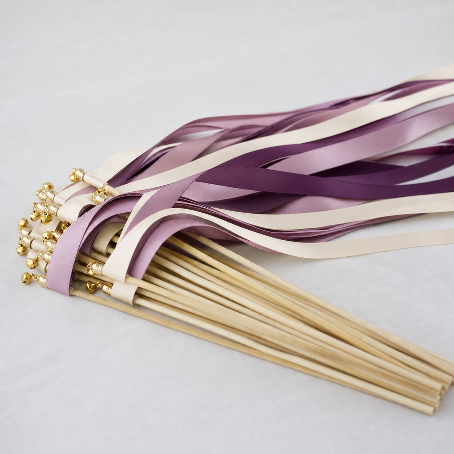 Handmade Plum Heirloom Wedding Ribbon Wands - Ivory, Plum and Antique Mauve Triple Ribbon with Bell