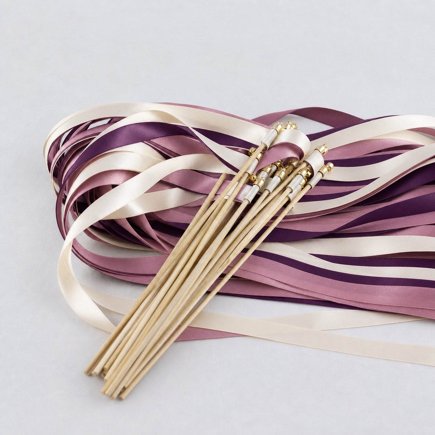 Handmade Plum Heirloom Wedding Ribbon Wands - Ivory, Plum and Antique Mauve Triple Ribbon with Bell