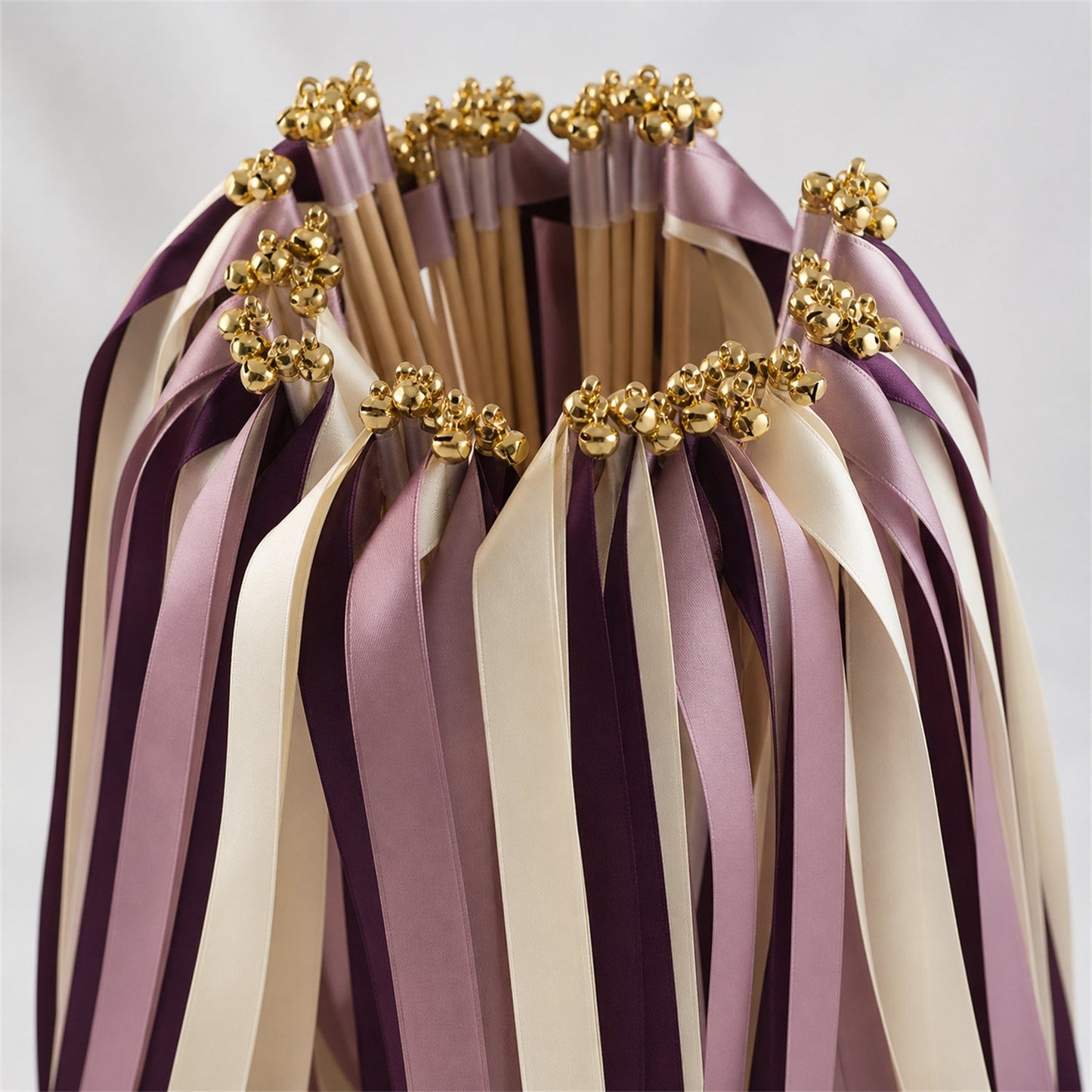 Handmade Plum Heirloom Wedding Ribbon Wands - Ivory, Plum and Antique Mauve Triple Ribbon with Bell