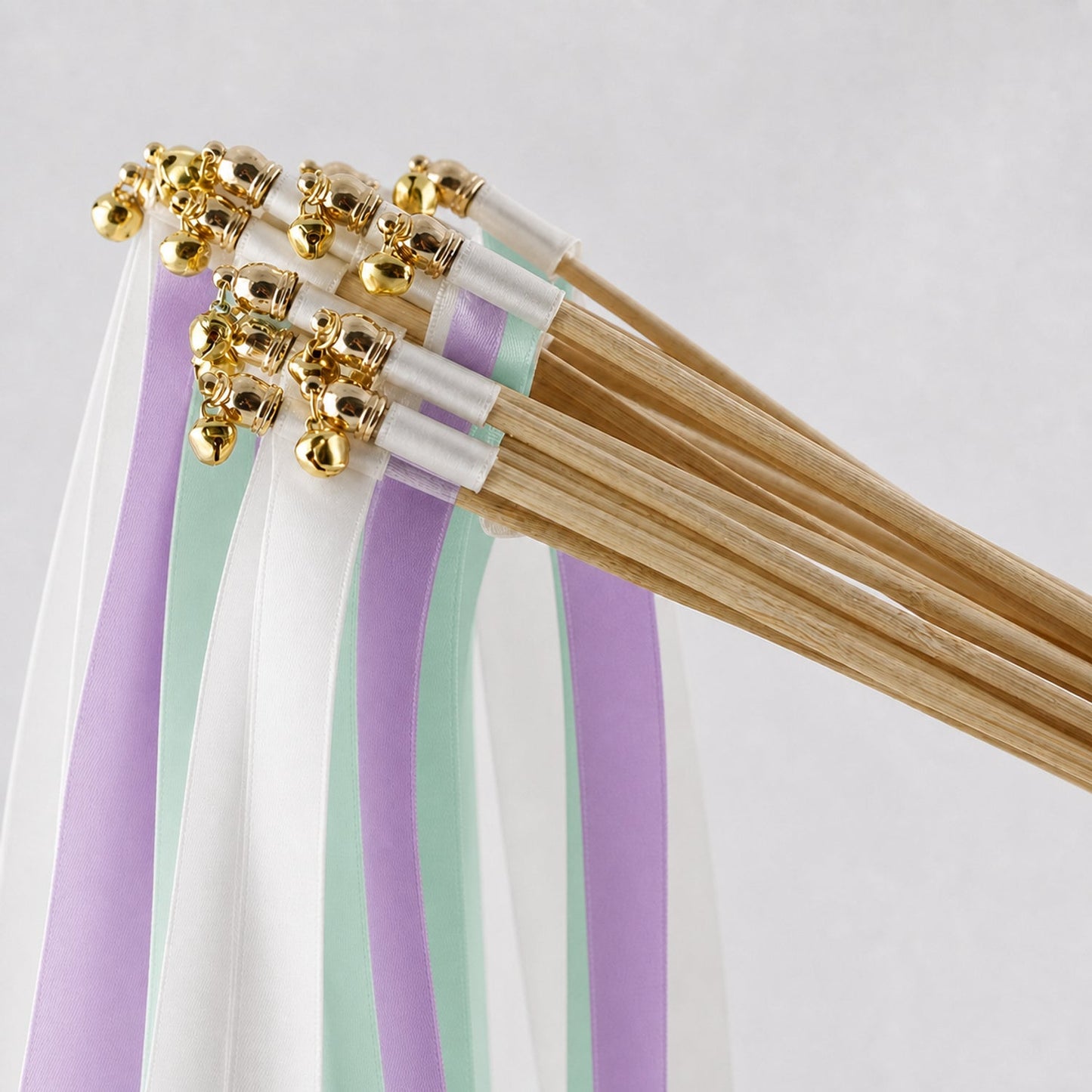Handmade Orchid Sea Glass Wedding Ribbon Wands with Bell - White, Orchid and Seamist Ribbons