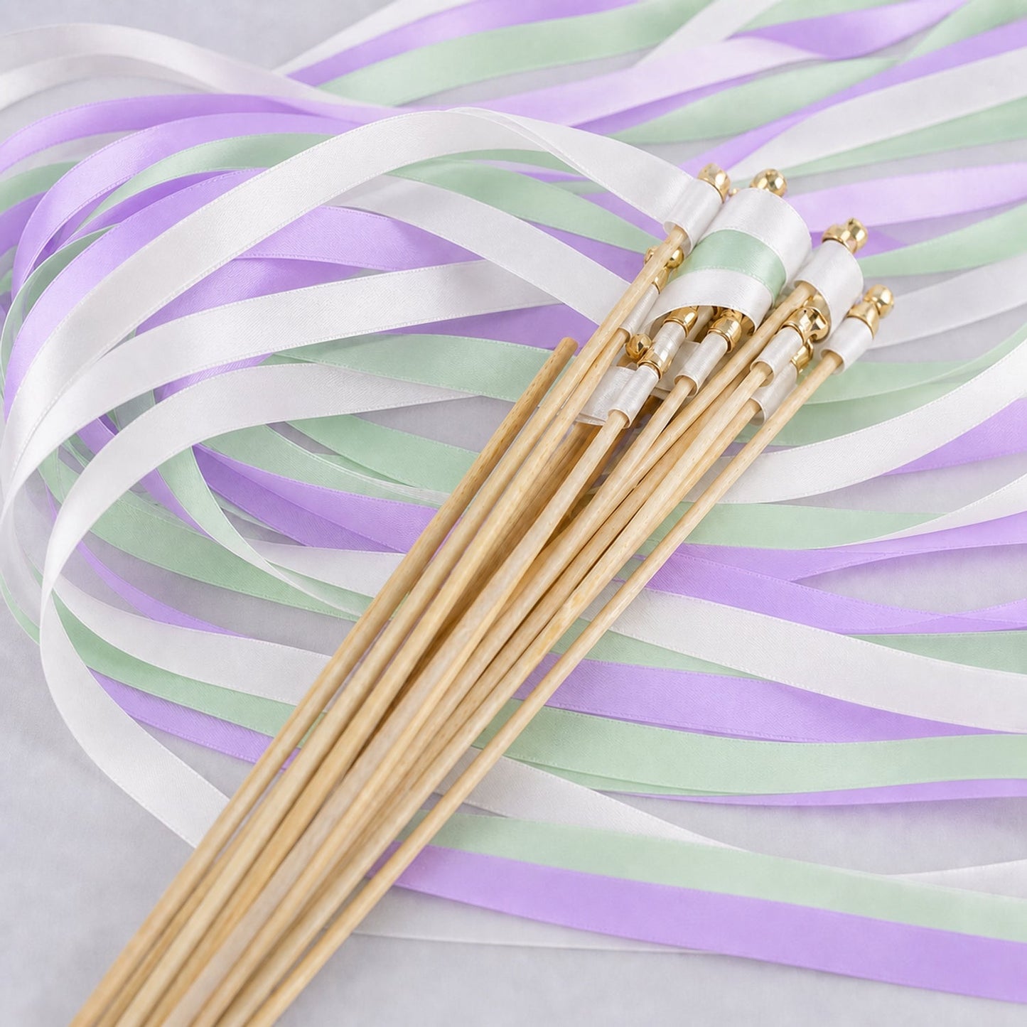 Handmade Orchid Sea Glass Wedding Ribbon Wands with Bell - White, Orchid and Seamist Ribbons