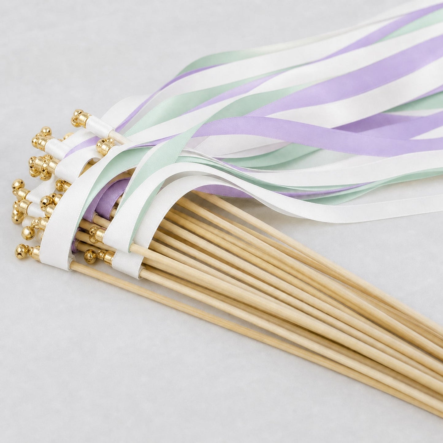 Handmade Orchid Sea Glass Wedding Ribbon Wands with Bell - White, Orchid and Seamist Ribbons
