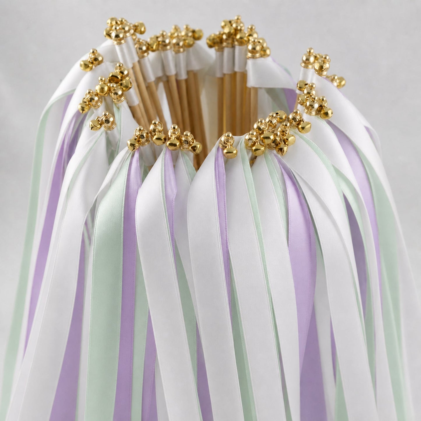 Handmade Orchid Sea Glass Wedding Ribbon Wands with Bell - White, Orchid and Seamist Ribbons