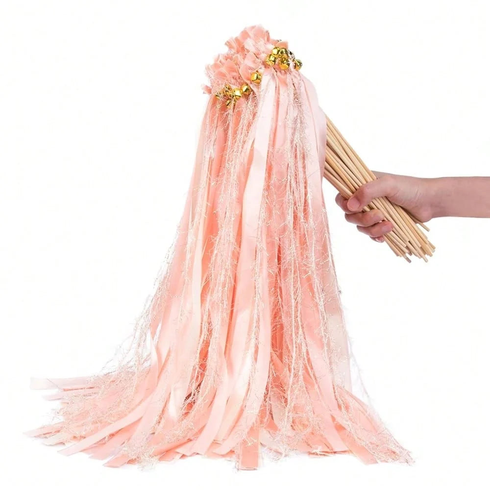 Handmade Boho Blush Pink Ribbon Wands with Shimmer Accents and Gold Bells